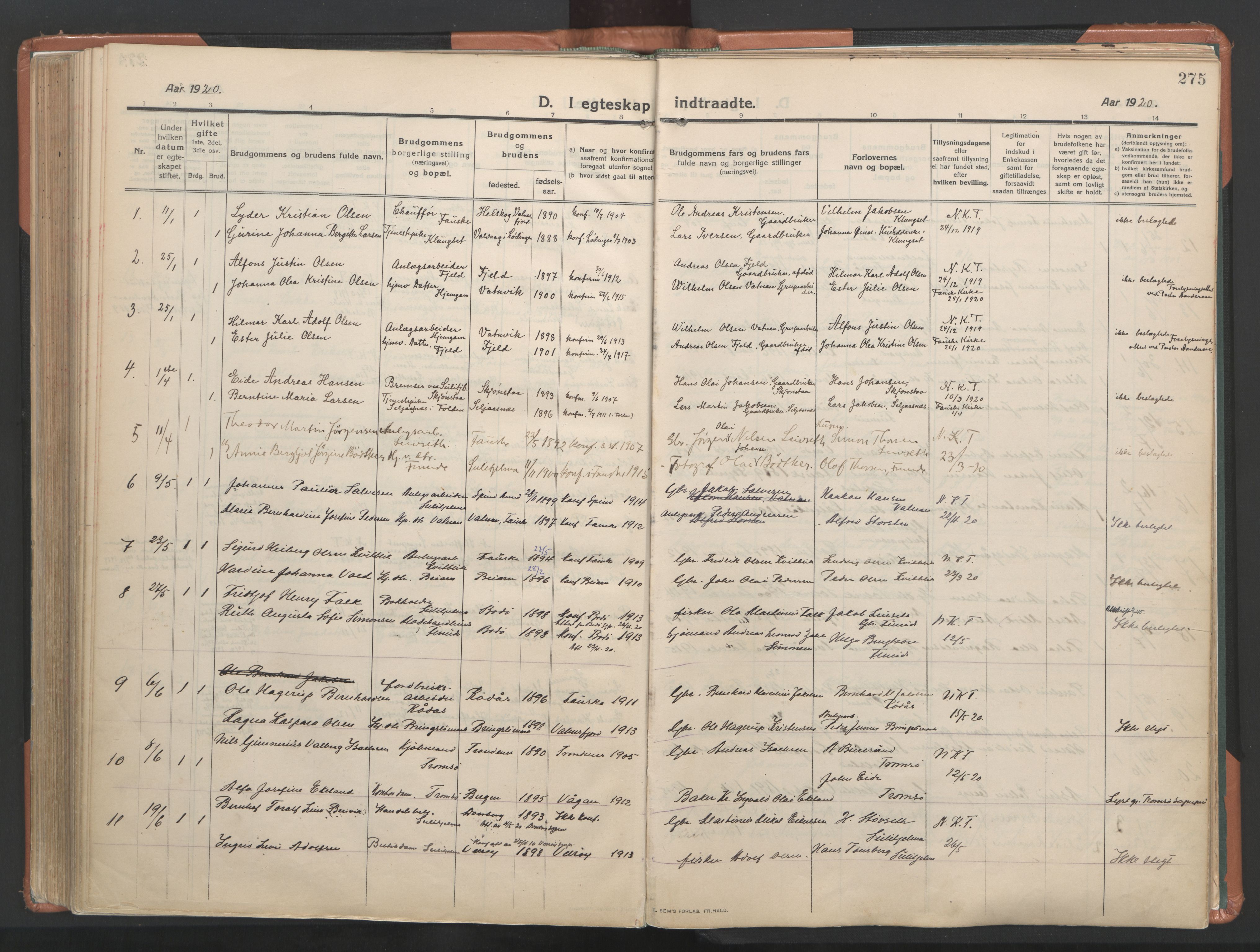 Ministerialprotokoller, klokkerbøker og fødselsregistre - Nordland, SAT/A-1459/849/L0698: Parish register (official) no. 849A09, 1911-1924, p. 275