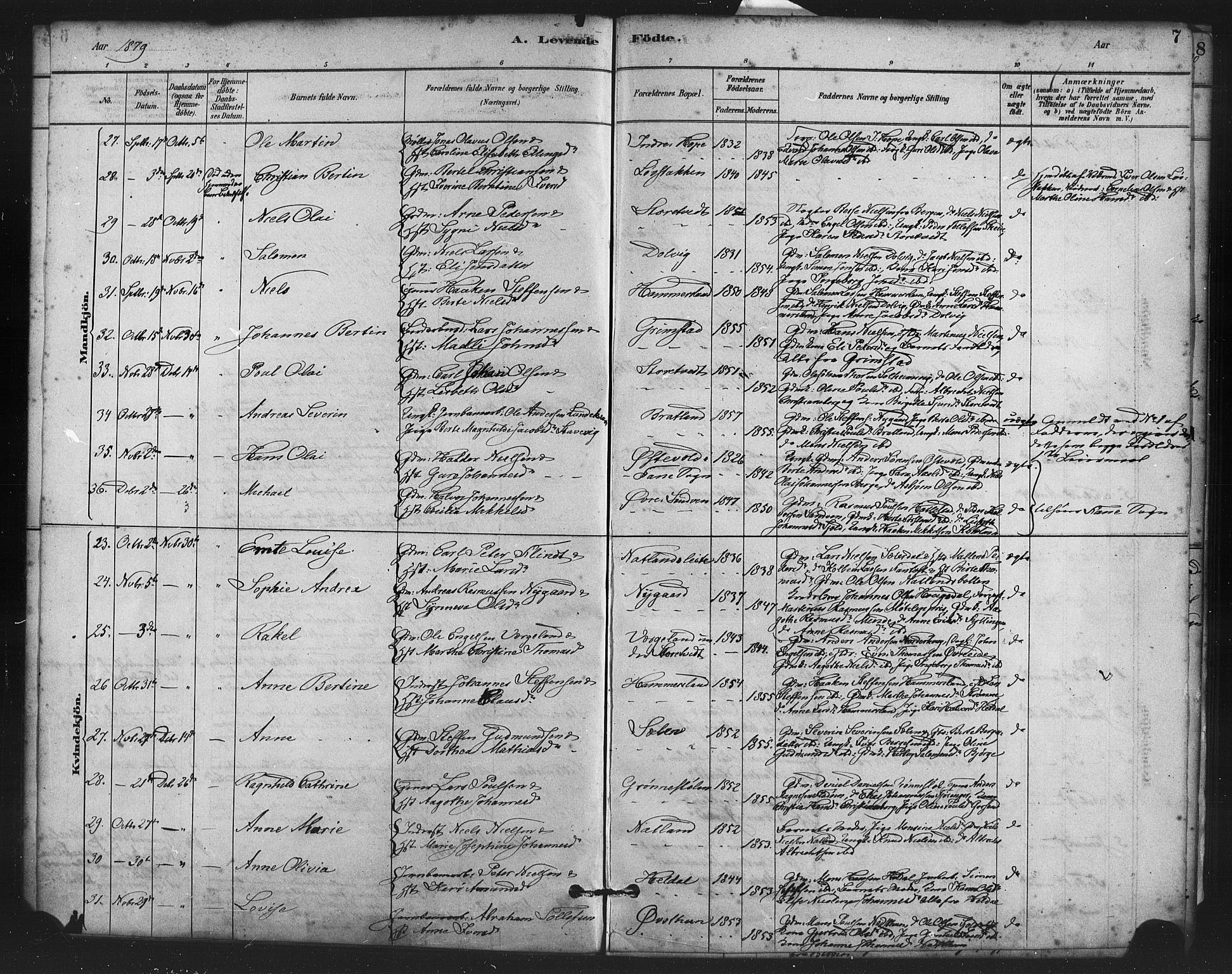 Fana Sokneprestembete, AV/SAB-A-75101/H/Haa/Haai/L0001: Parish register (official) no. I 1, 1878-1888, p. 7