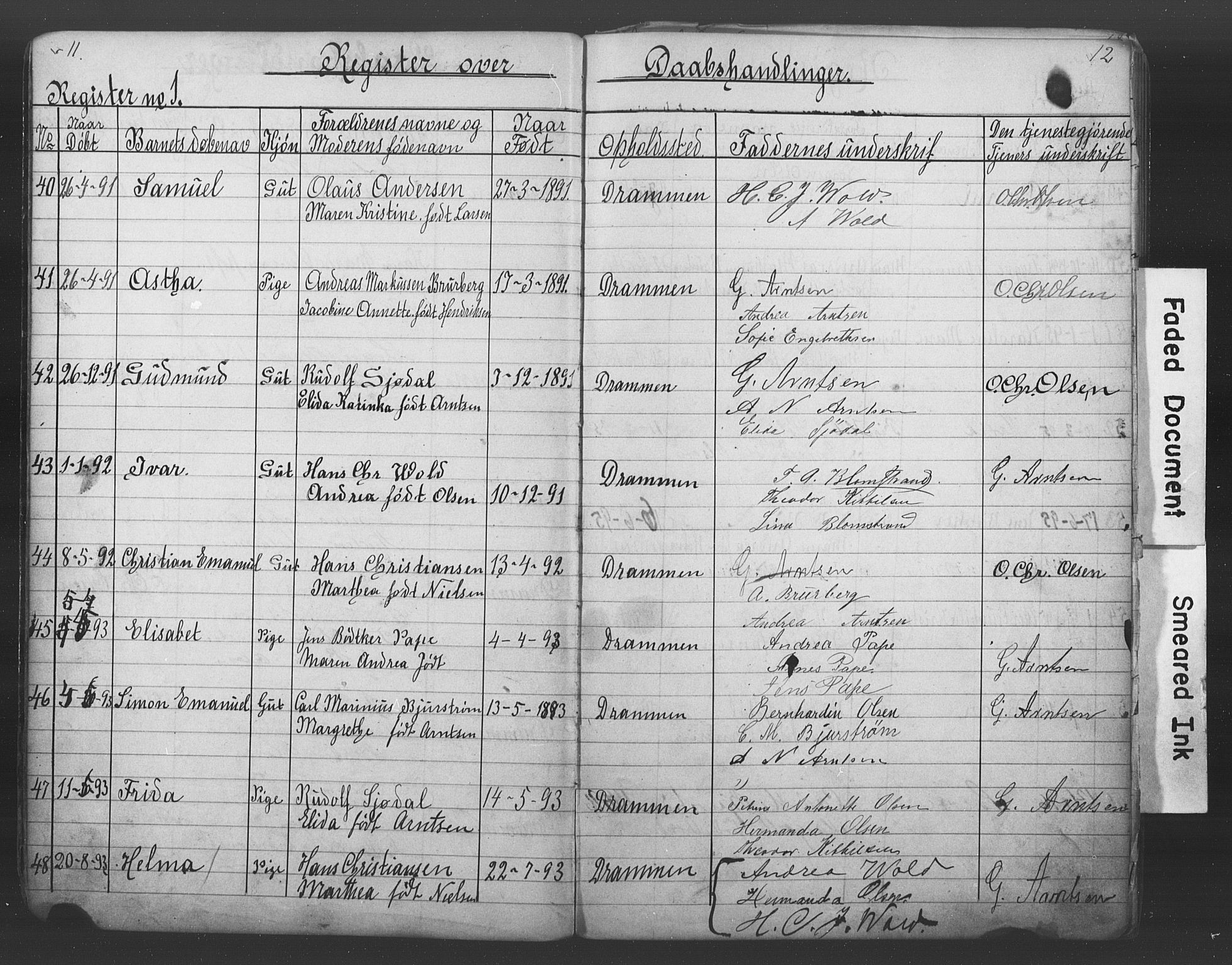 Den katolsk-apostoliske menighet i Drammen, AV/SAKO-P-949/H/Ha/L0001: Dissenter register no. 1, 1877-1899, p. 11-12
