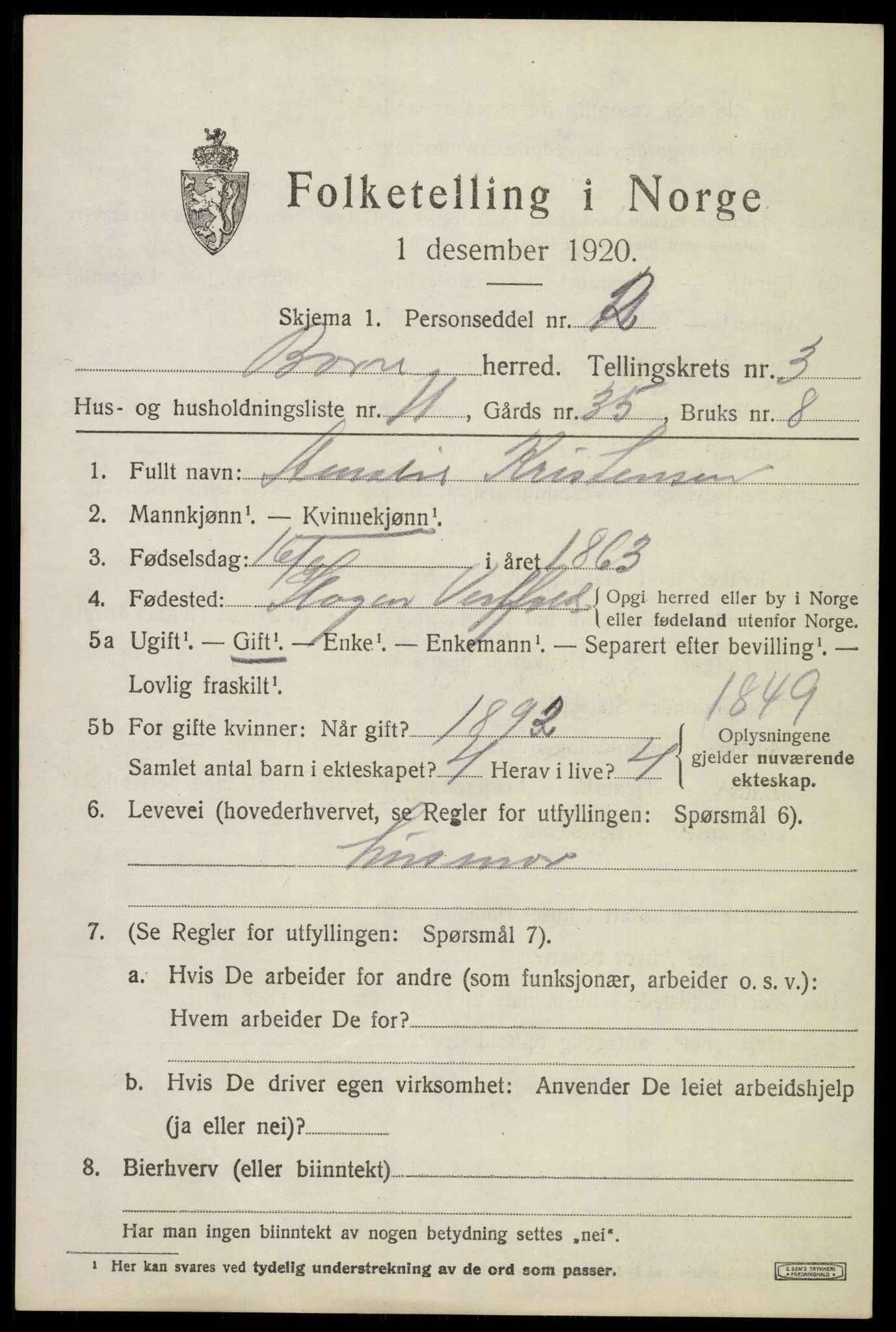SAKO, 1920 census for Borre, 1920, p. 6182