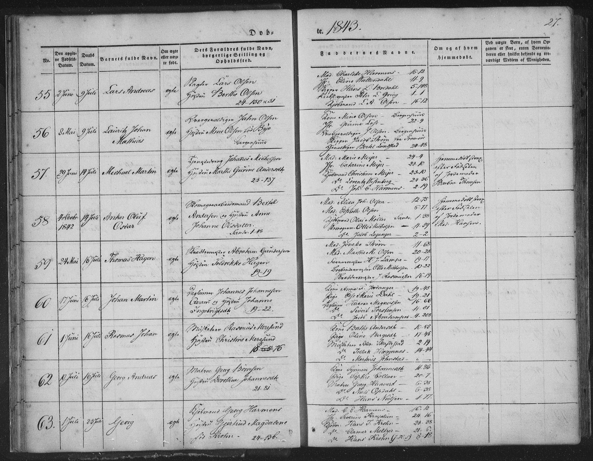 Korskirken sokneprestembete, SAB/A-76101/H/Haa/L0016: Parish register (official) no. B 2, 1841-1851, p. 27
