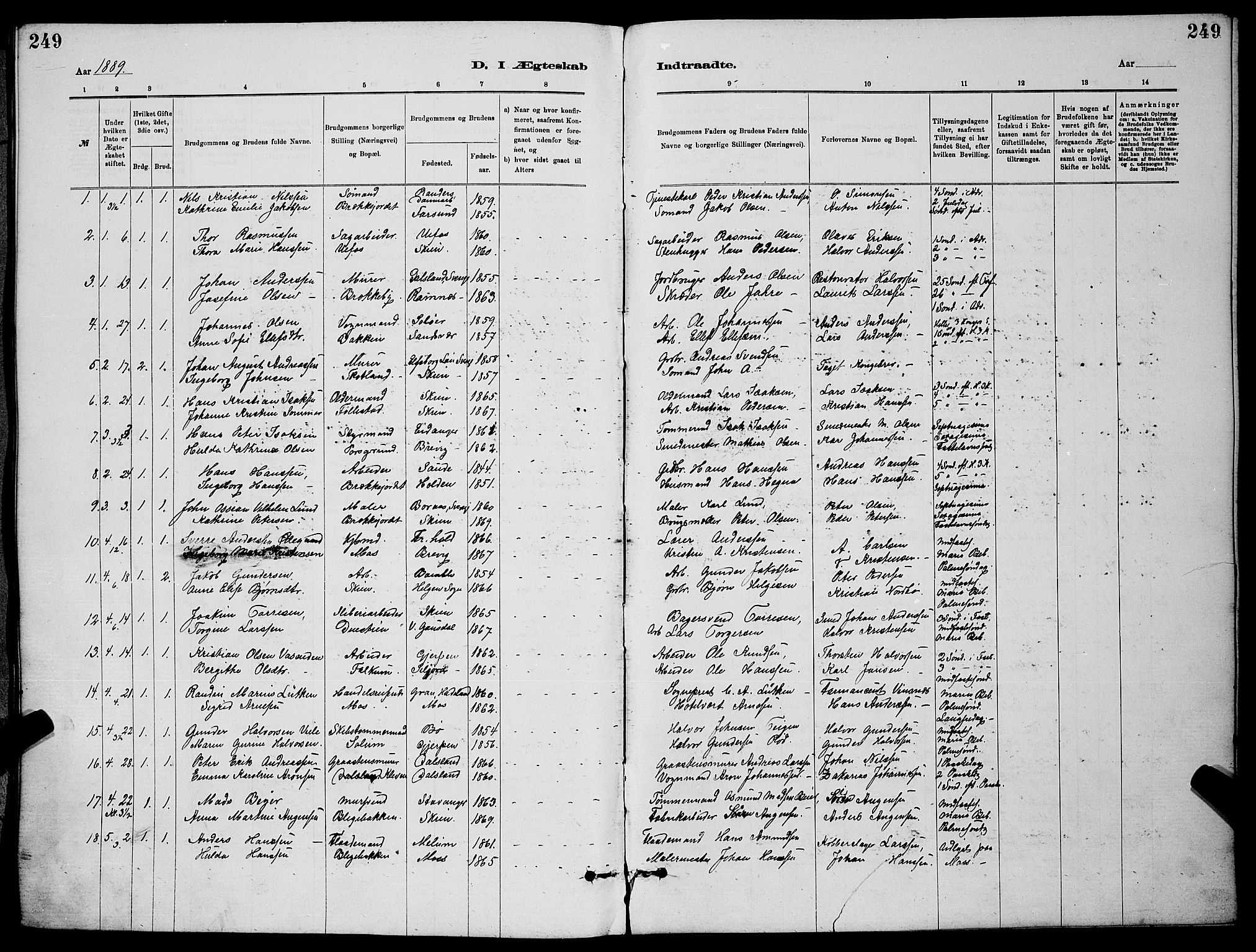 Skien kirkebøker, SAKO/A-302/G/Ga/L0006: Parish register (copy) no. 6, 1881-1890, p. 249