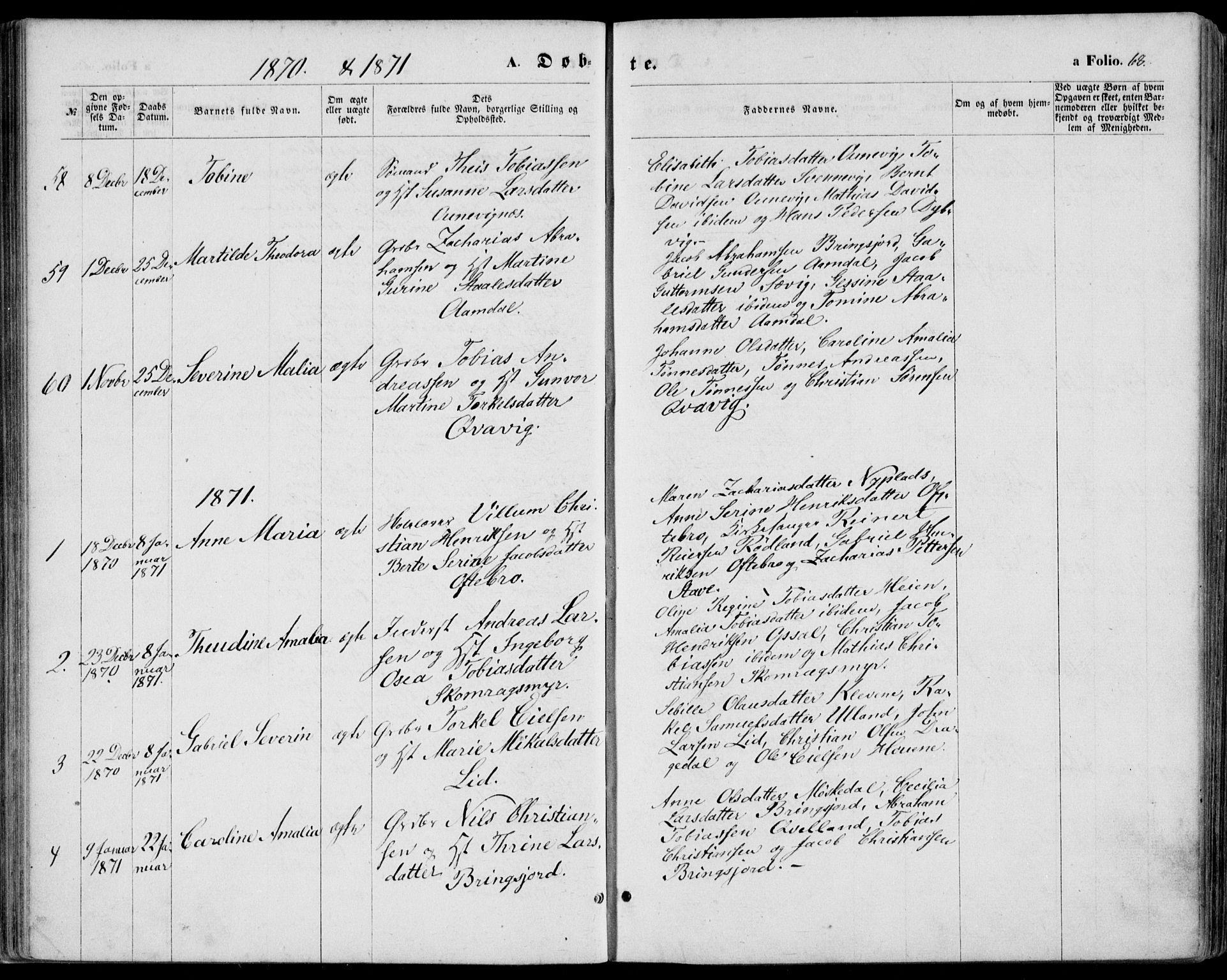Lyngdal sokneprestkontor, SAK/1111-0029/F/Fa/Fac/L0010: Parish register (official) no. A 10, 1865-1878, p. 68