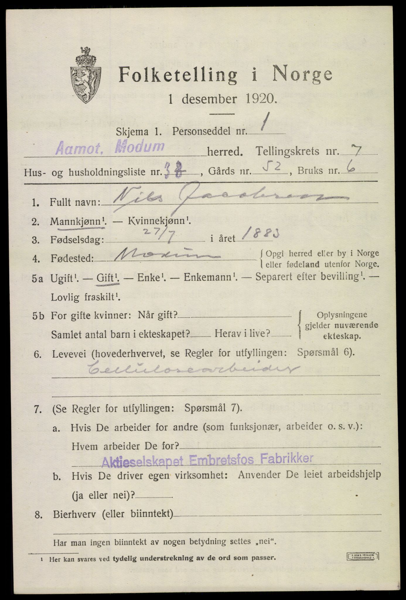 SAKO, 1920 census for Modum, 1920, p. 10163