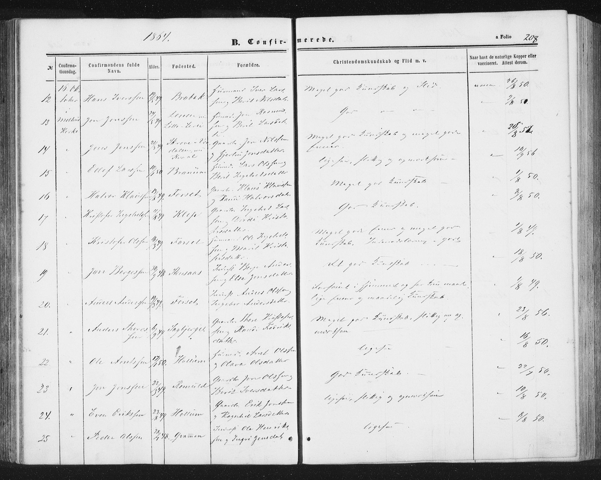 Ministerialprotokoller, klokkerbøker og fødselsregistre - Sør-Trøndelag, AV/SAT-A-1456/691/L1077: Parish register (official) no. 691A09, 1862-1873, p. 208