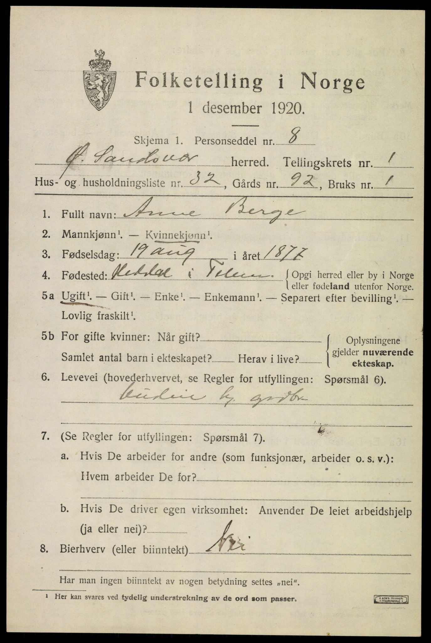 SAKO, 1920 census for Øvre Sandsvær, 1920, p. 1334