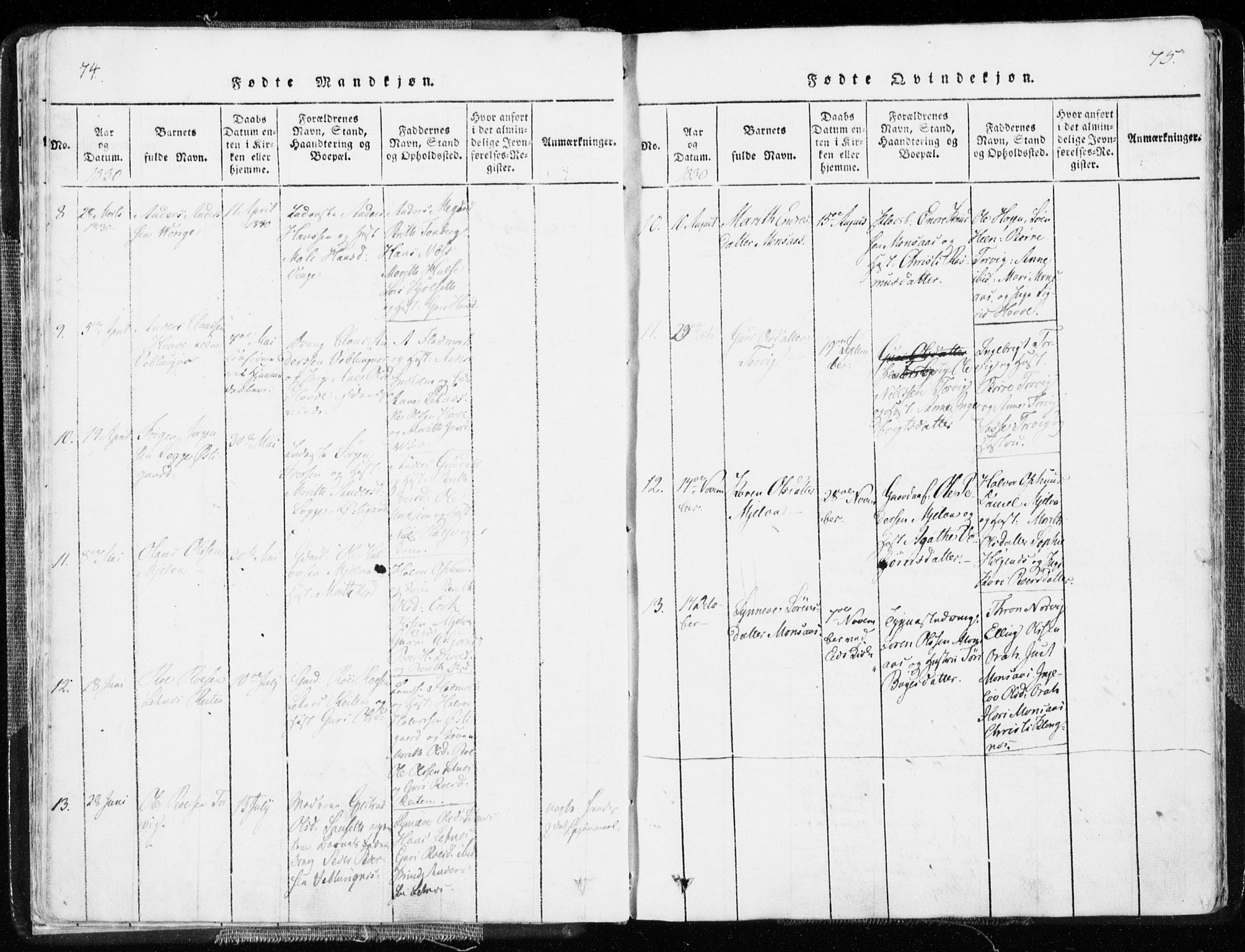 Ministerialprotokoller, klokkerbøker og fødselsregistre - Møre og Romsdal, SAT/A-1454/544/L0571: Parish register (official) no. 544A04, 1818-1853, p. 74-75