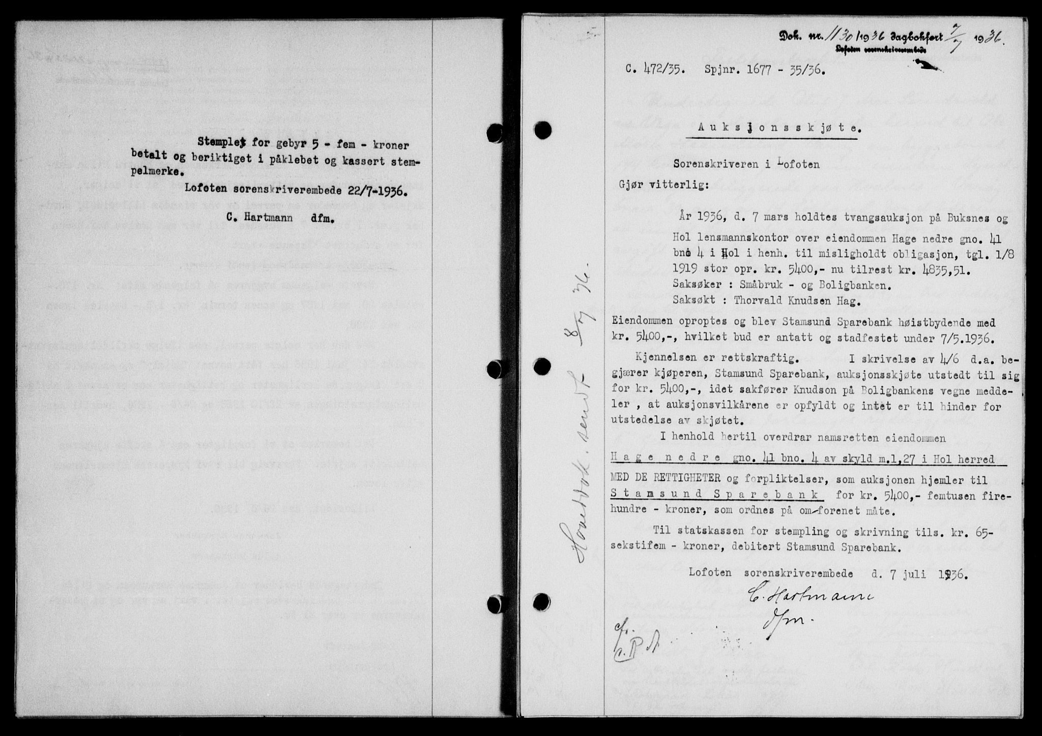 Lofoten sorenskriveri, SAT/A-0017/1/2/2C/L0001a: Mortgage book no. 1a, 1936-1937, Diary no: : 1130/1936