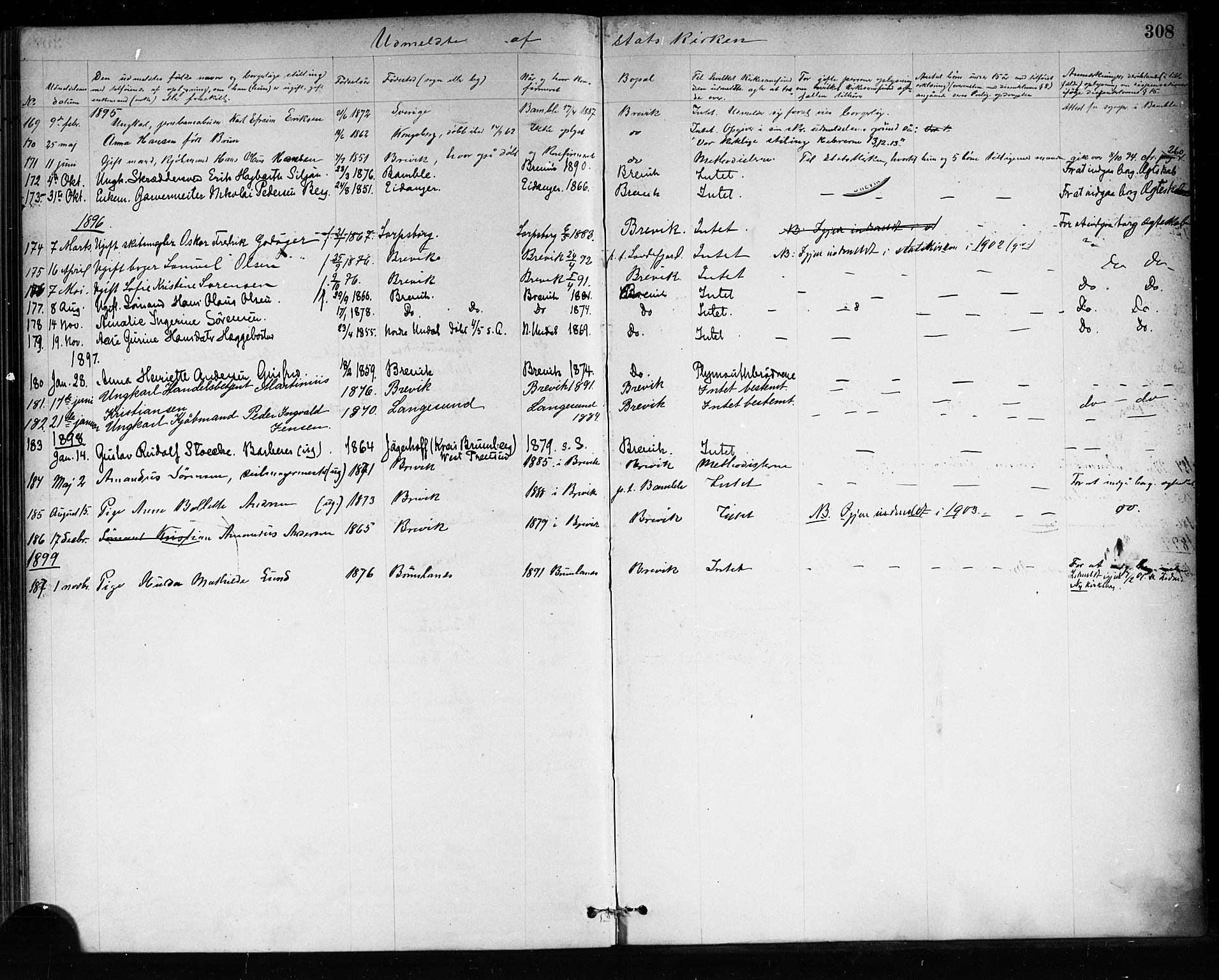 Brevik kirkebøker, AV/SAKO-A-255/F/Fa/L0007: Parish register (official) no. 7, 1882-1900, p. 308