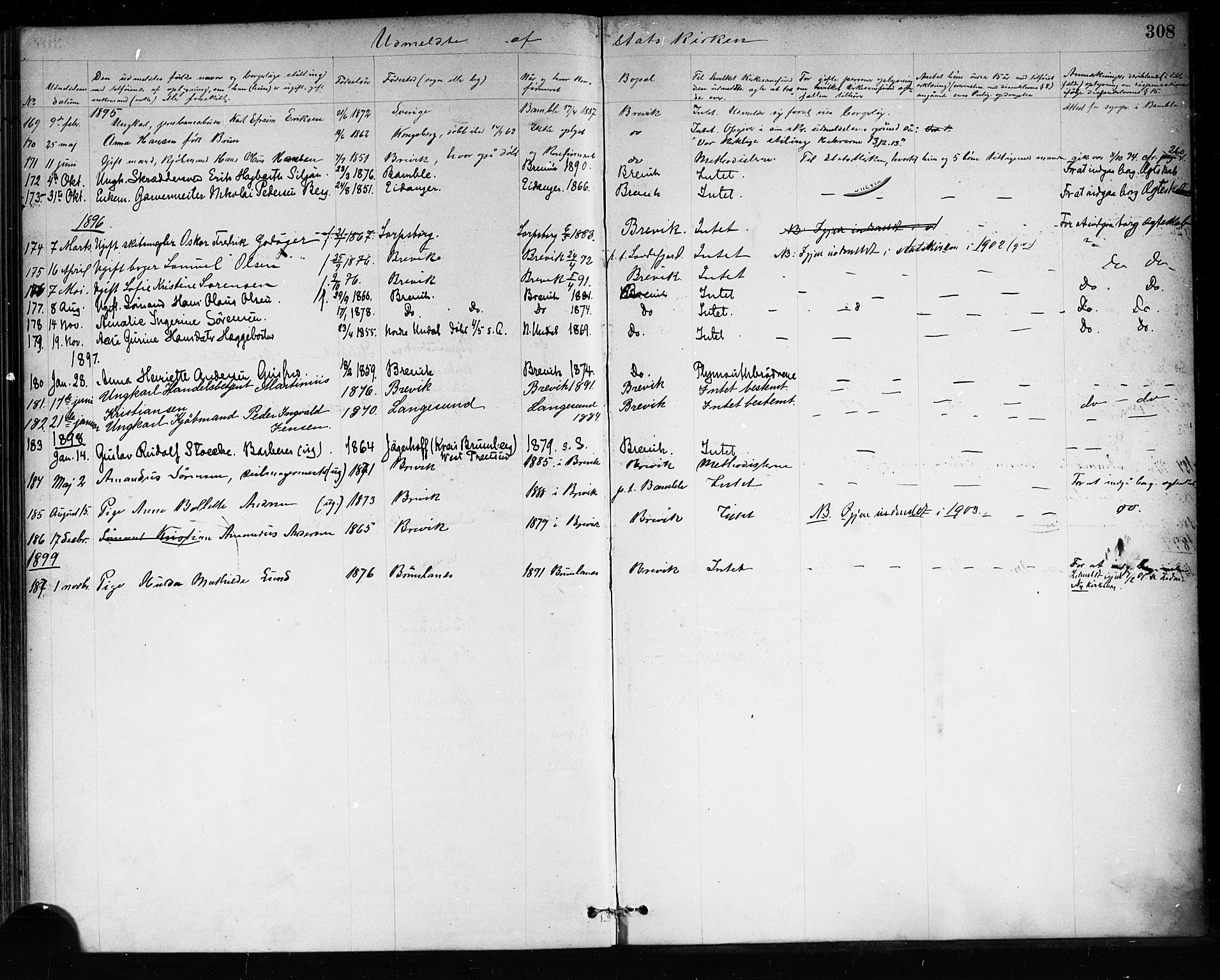 Brevik kirkebøker, AV/SAKO-A-255/F/Fa/L0007: Parish register (official) no. 7, 1882-1900, p. 308