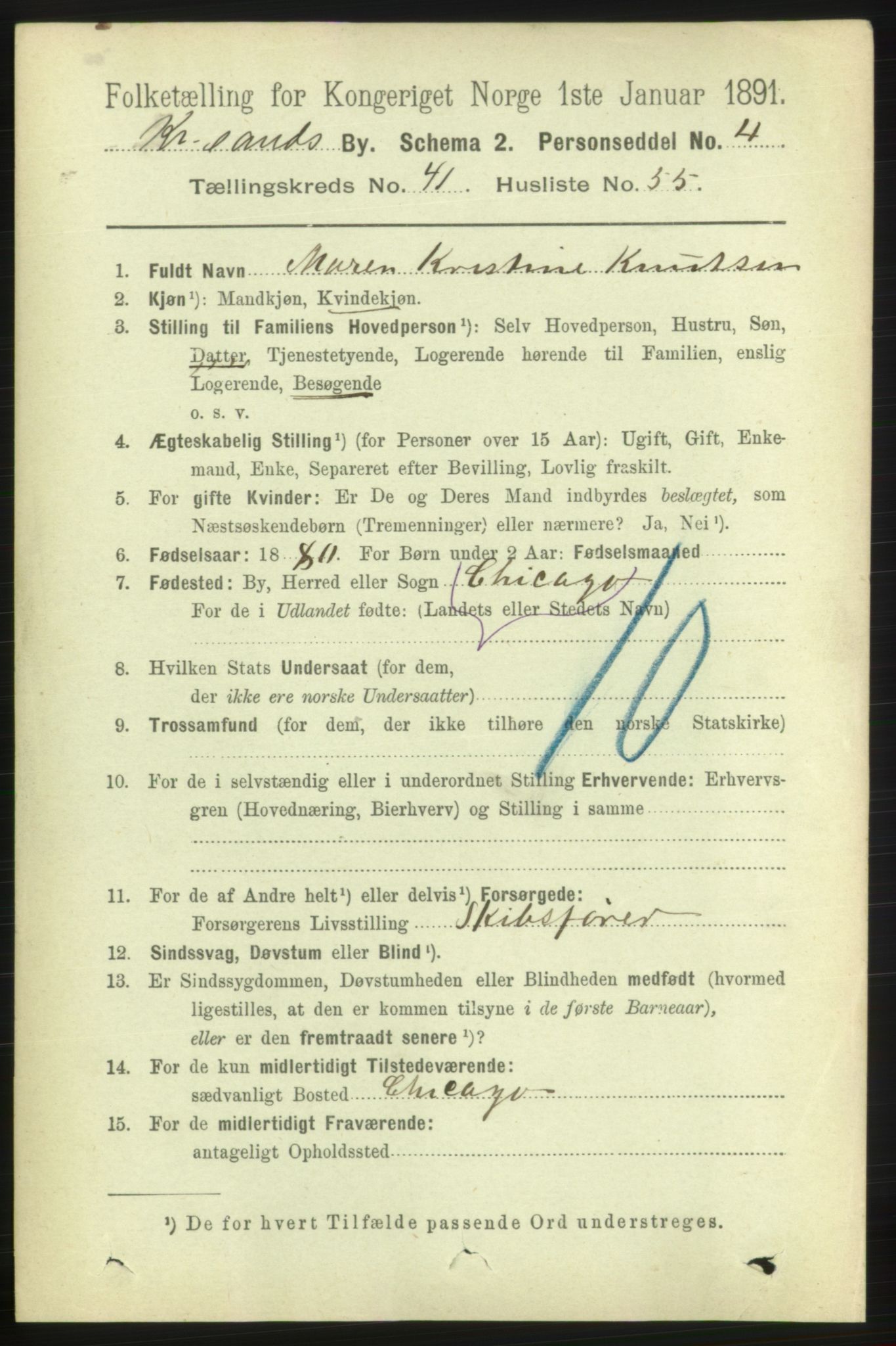 RA, 1891 census for 1001 Kristiansand, 1891, p. 13070