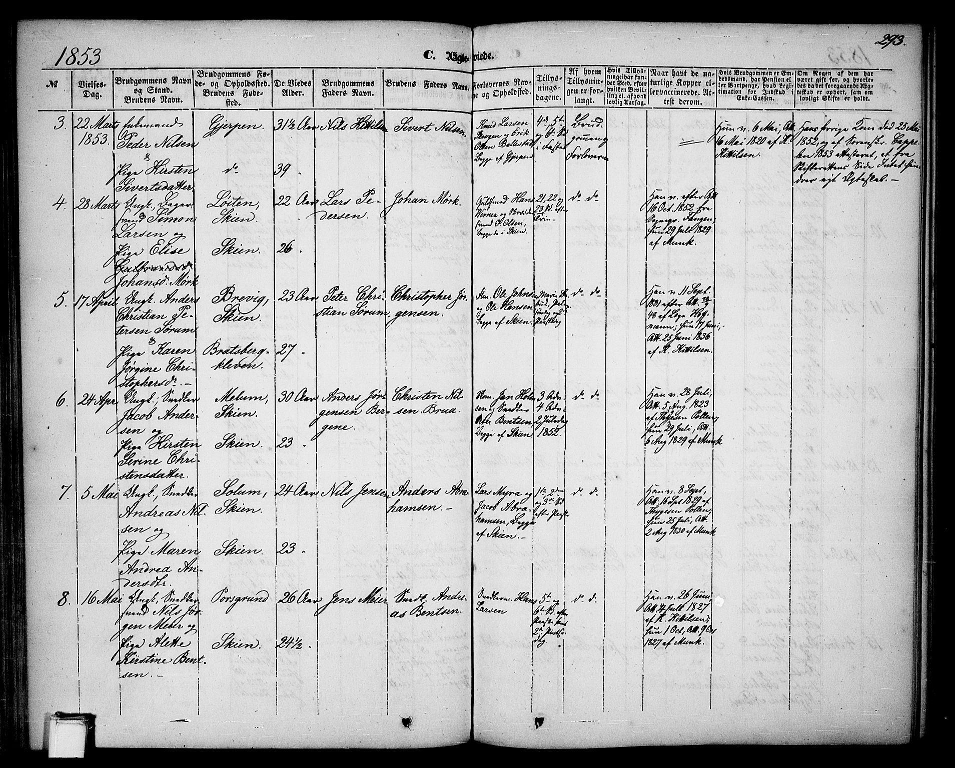 Skien kirkebøker, SAKO/A-302/G/Ga/L0004: Parish register (copy) no. 4, 1843-1867, p. 293
