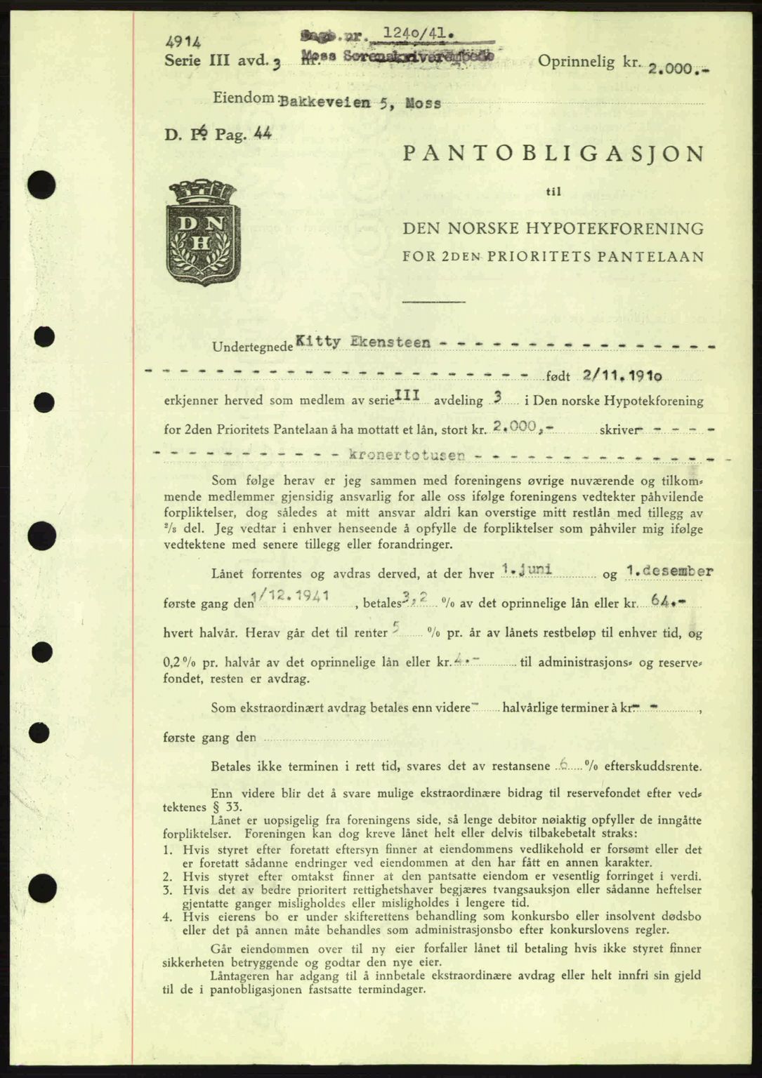 Moss sorenskriveri, AV/SAO-A-10168: Mortgage book no. B10, 1940-1941, Diary no: : 1240/1941