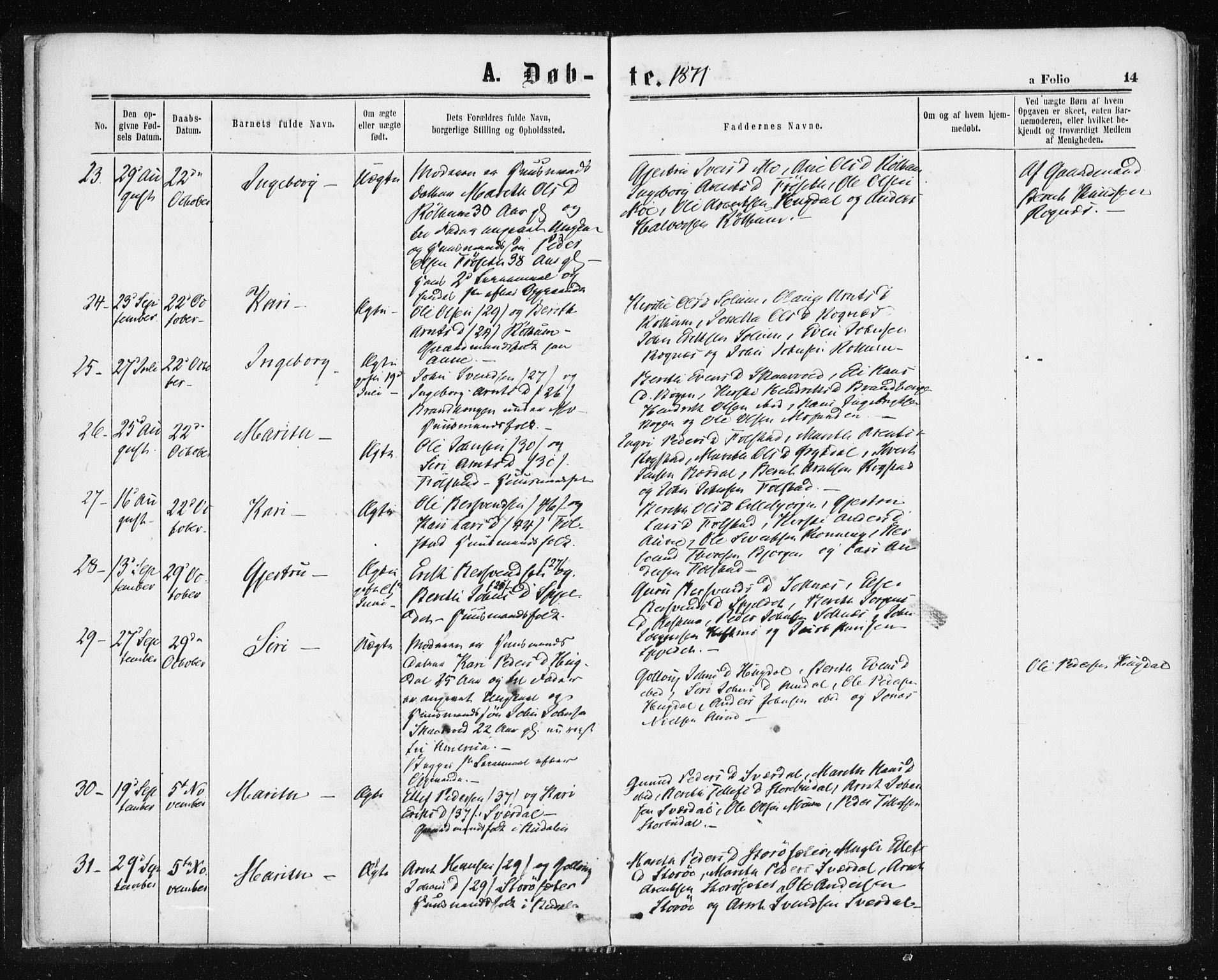 Ministerialprotokoller, klokkerbøker og fødselsregistre - Sør-Trøndelag, SAT/A-1456/687/L1001: Parish register (official) no. 687A07, 1863-1878, p. 14