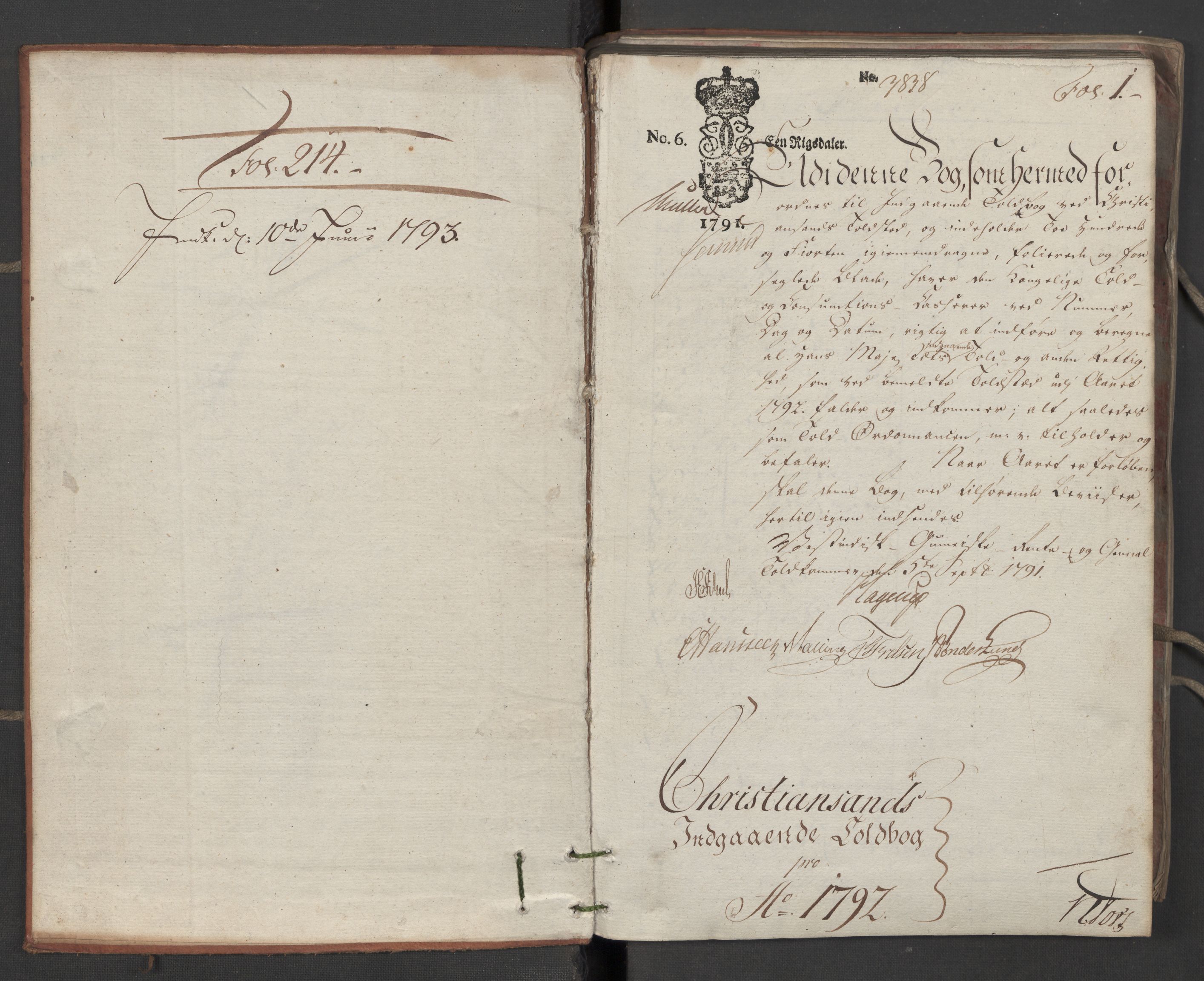 Generaltollkammeret, tollregnskaper, RA/EA-5490/R16/L0115/0001: Tollregnskaper Kristiansand / Inngående tollbok, 1790-1792, p. 1a
