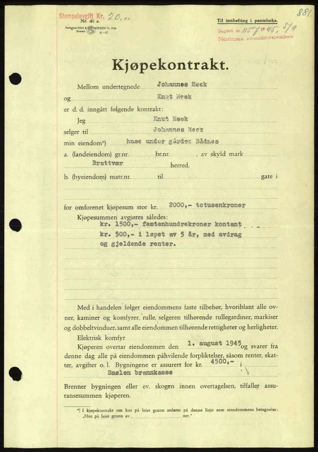 Nordmøre sorenskriveri, AV/SAT-A-4132/1/2/2Ca: Mortgage book no. B92, 1944-1945, Diary no: : 1157/1945