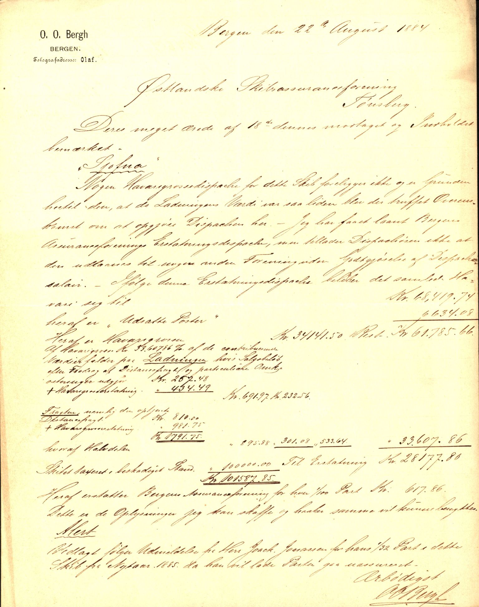 Pa 63 - Østlandske skibsassuranceforening, VEMU/A-1079/G/Ga/L0017/0005: Havaridokumenter / Signe, Hurra, Activ, Sjofna, Senior, Scandia, 1884, p. 70