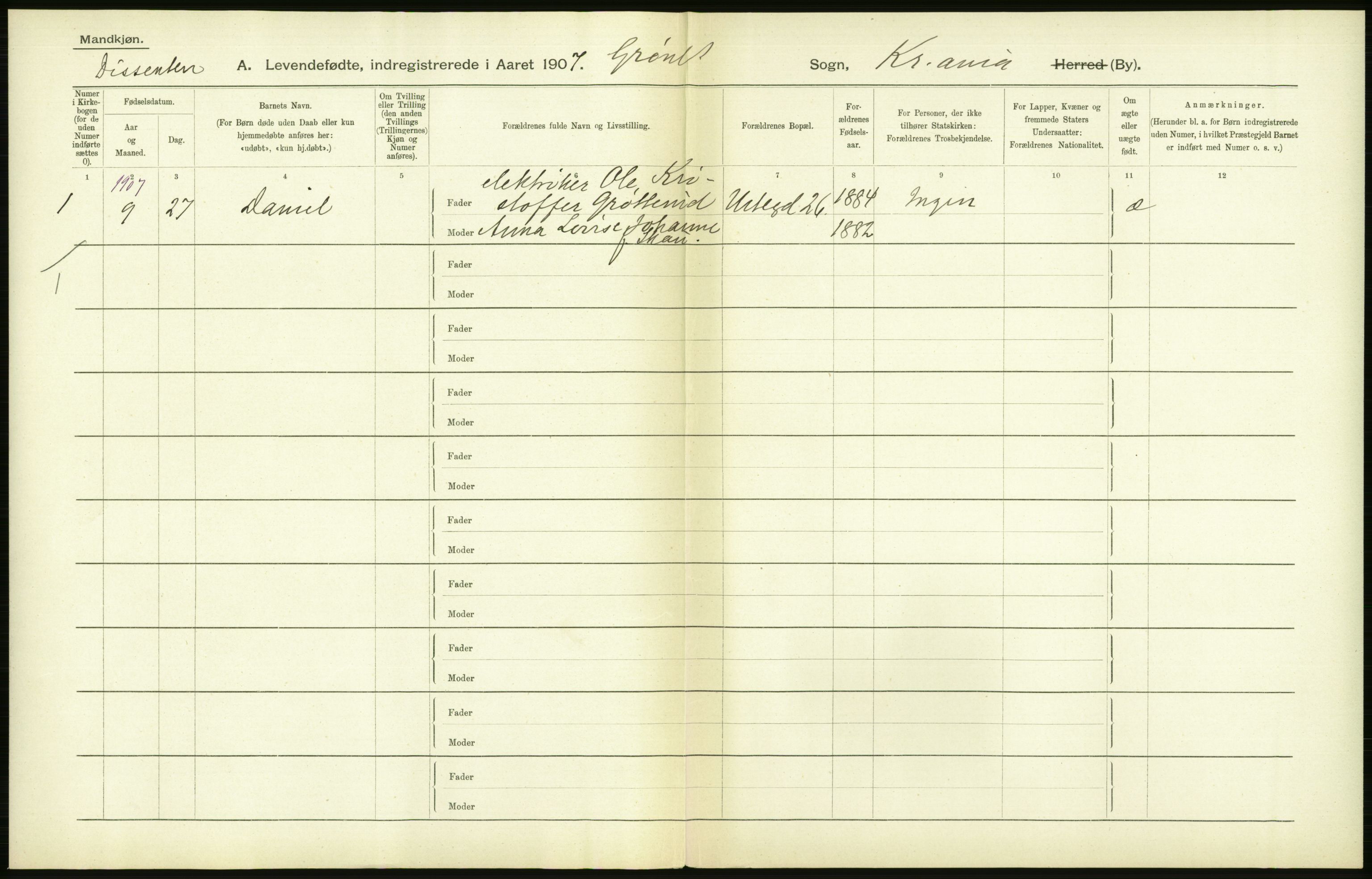 Statistisk sentralbyrå, Sosiodemografiske emner, Befolkning, AV/RA-S-2228/D/Df/Dfa/Dfae/L0007: Kristiania: Levendefødte menn og kvinner., 1907, p. 278