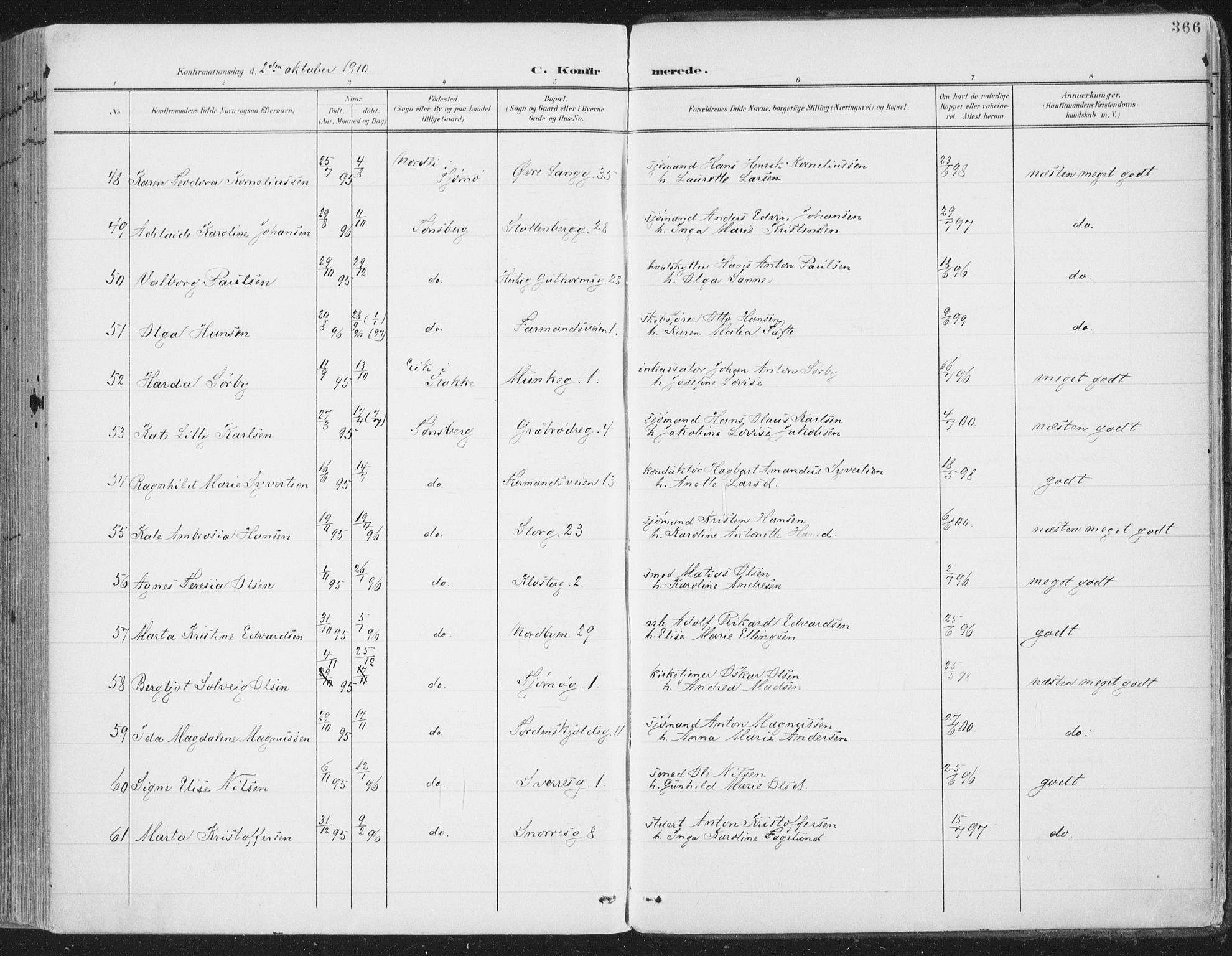 Tønsberg kirkebøker, AV/SAKO-A-330/F/Fa/L0014: Parish register (official) no. I 14, 1900-1913, p. 366