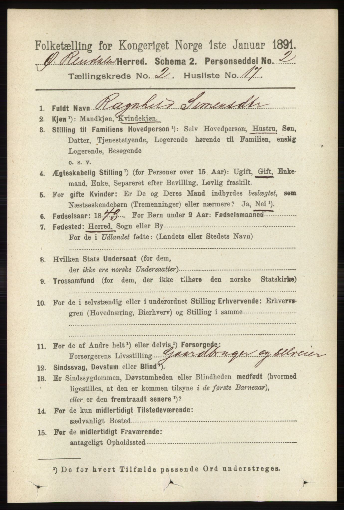 RA, 1891 census for 0433 Øvre Rendal, 1891, p. 495