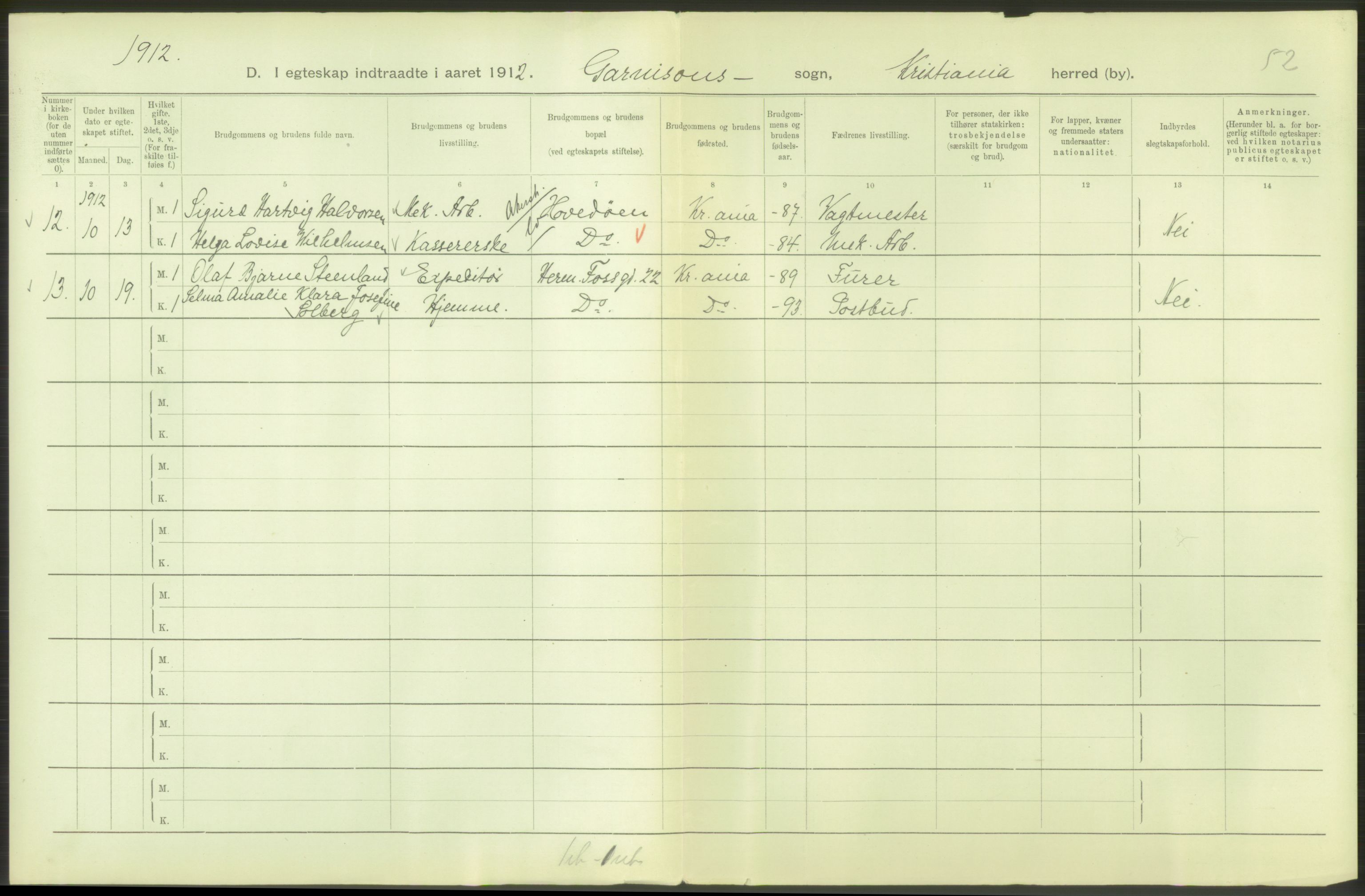 Statistisk sentralbyrå, Sosiodemografiske emner, Befolkning, AV/RA-S-2228/D/Df/Dfb/Dfbb/L0008: Kristiania: Gifte, 1912, p. 20