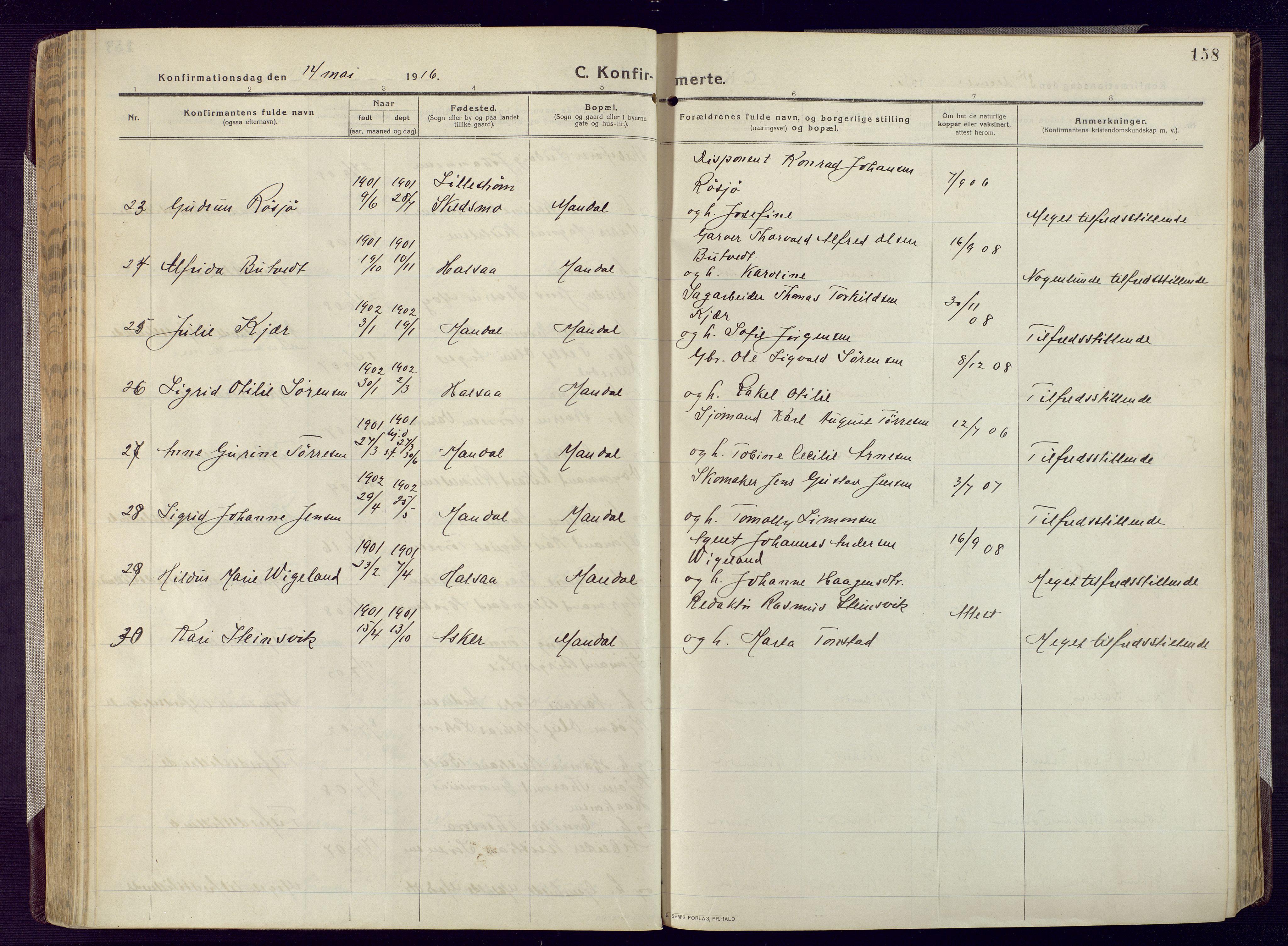 Mandal sokneprestkontor, AV/SAK-1111-0030/F/Fa/Fac/L0001: Parish register (official) no. A 1, 1913-1925, p. 158