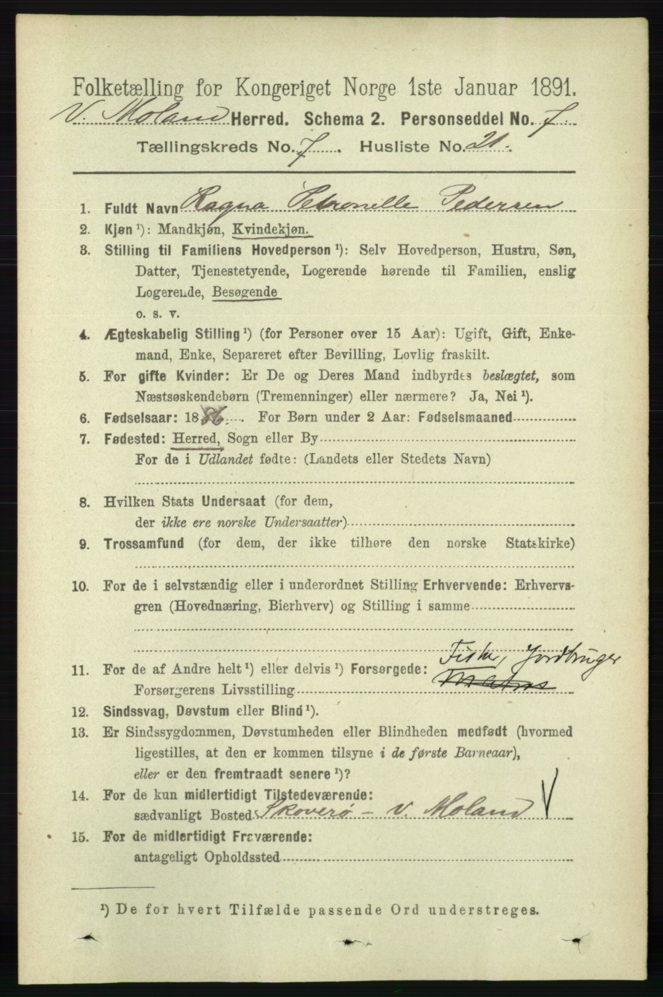 RA, 1891 census for 0926 Vestre Moland, 1891, p. 2887