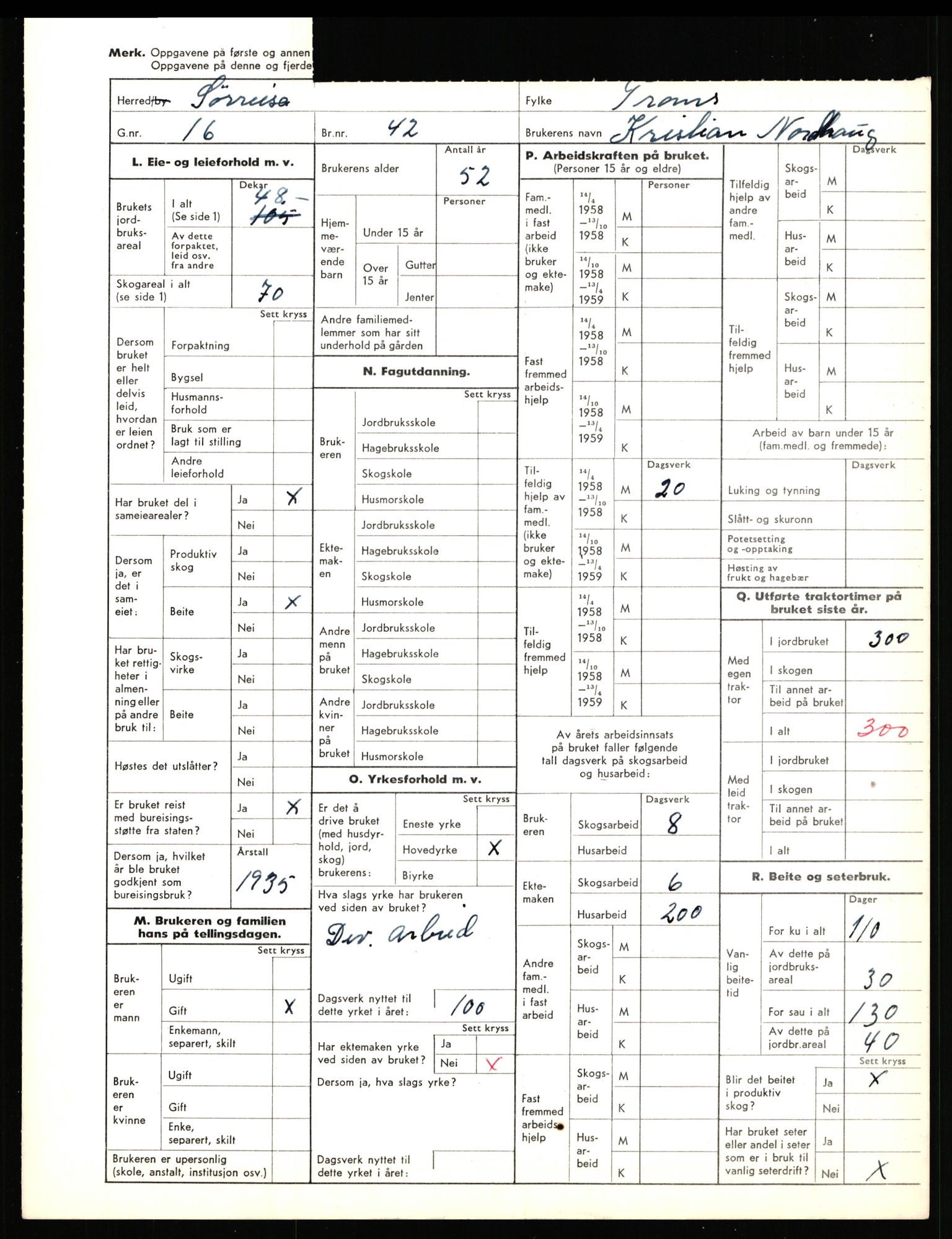 Statistisk sentralbyrå, Næringsøkonomiske emner, Jordbruk, skogbruk, jakt, fiske og fangst, AV/RA-S-2234/G/Gd/L0656: Troms: 1924 Målselv (kl. 0-3) og 1925 Sørreisa, 1959, p. 1764