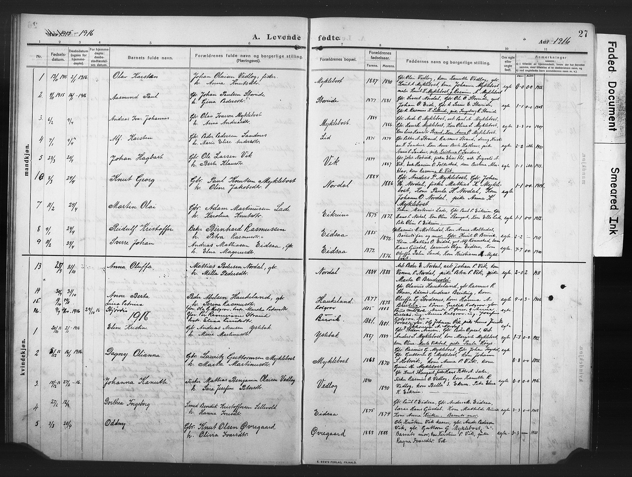 Ministerialprotokoller, klokkerbøker og fødselsregistre - Møre og Romsdal, AV/SAT-A-1454/502/L0028: Parish register (copy) no. 502C02, 1909-1932, p. 27