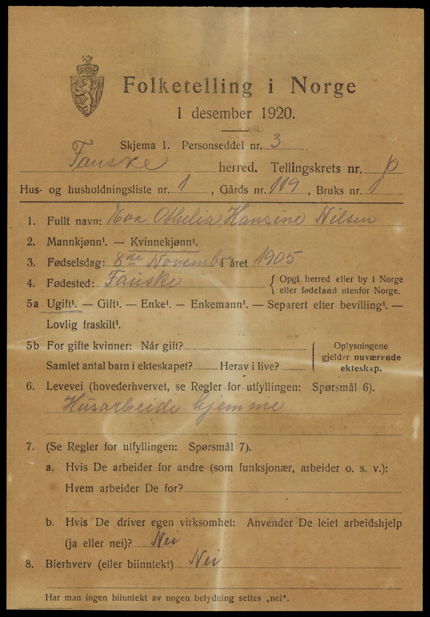 SAT, 1920 census for Fauske, 1920, p. 7596