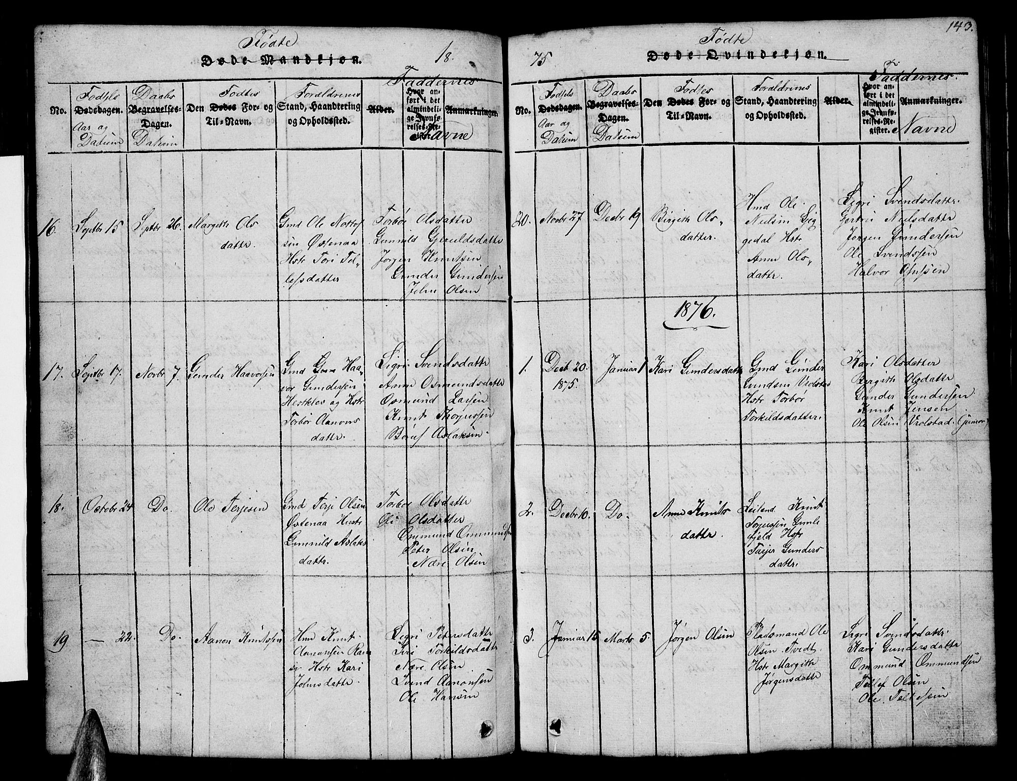 Åmli sokneprestkontor, AV/SAK-1111-0050/F/Fb/Fbb/L0001: Parish register (copy) no. B 1, 1816-1889, p. 143