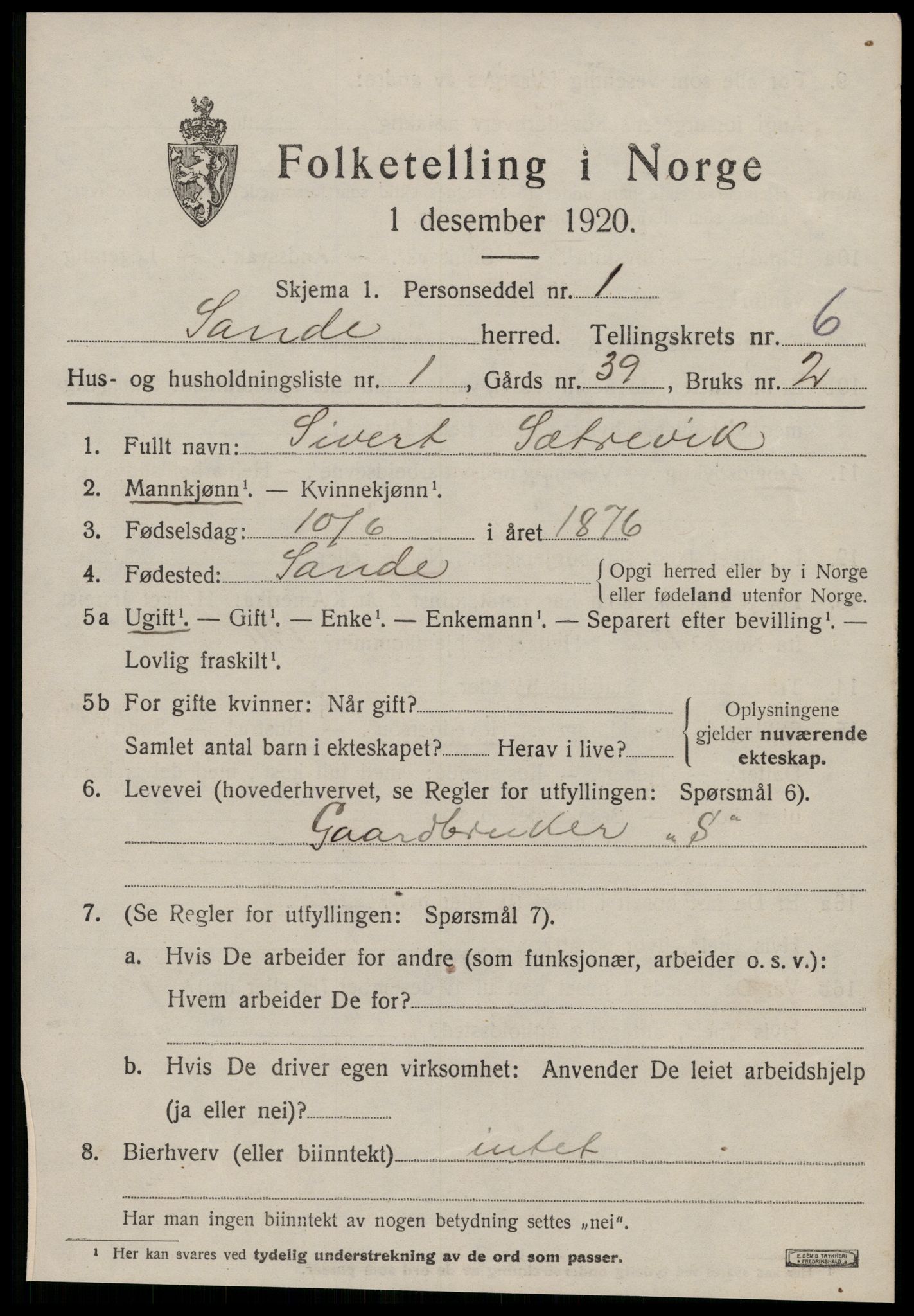 SAT, 1920 census for Sande (MR), 1920, p. 3526