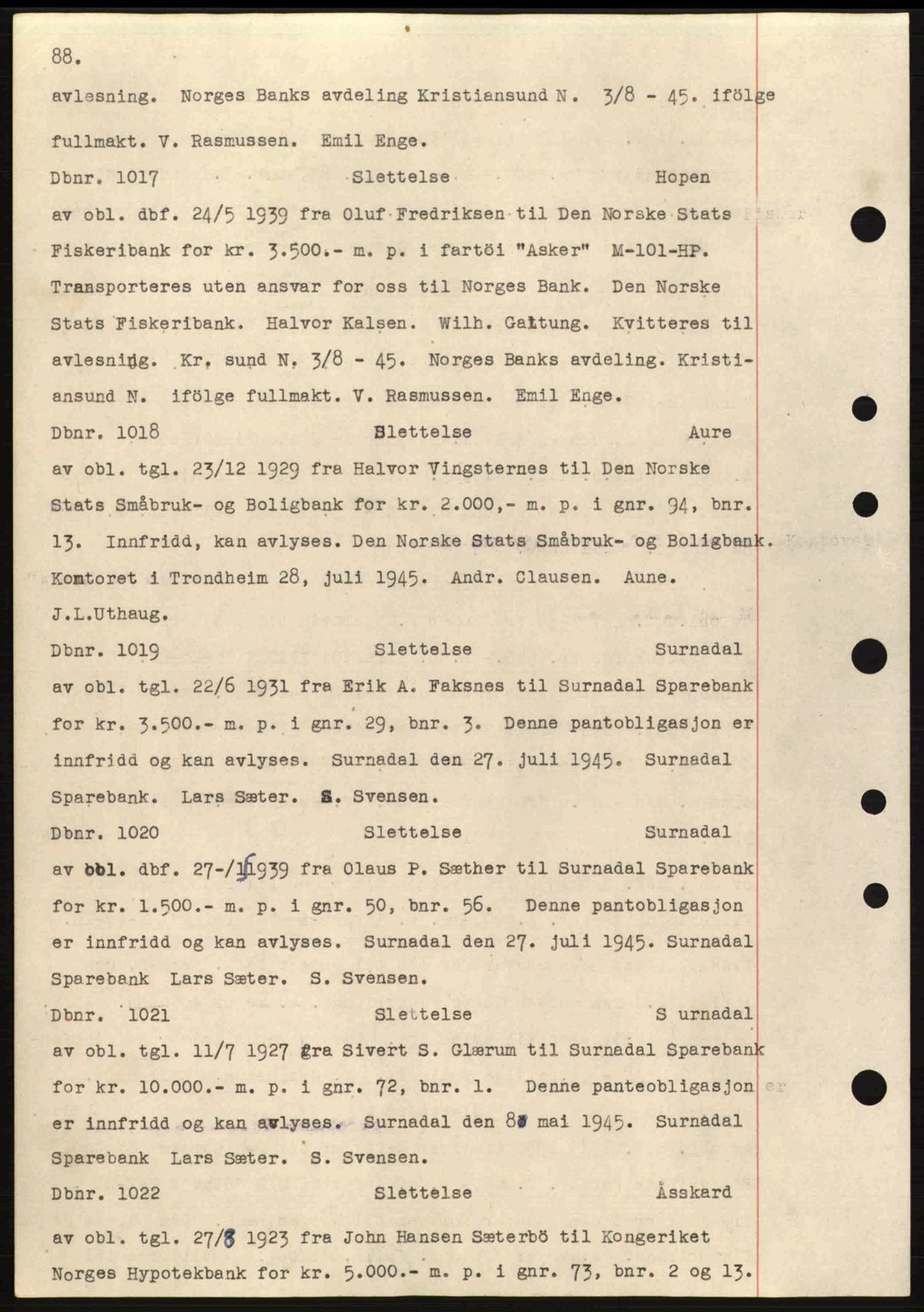 Nordmøre sorenskriveri, AV/SAT-A-4132/1/2/2Ca: Mortgage book no. C82a, 1945-1946, Diary no: : 1017/1945