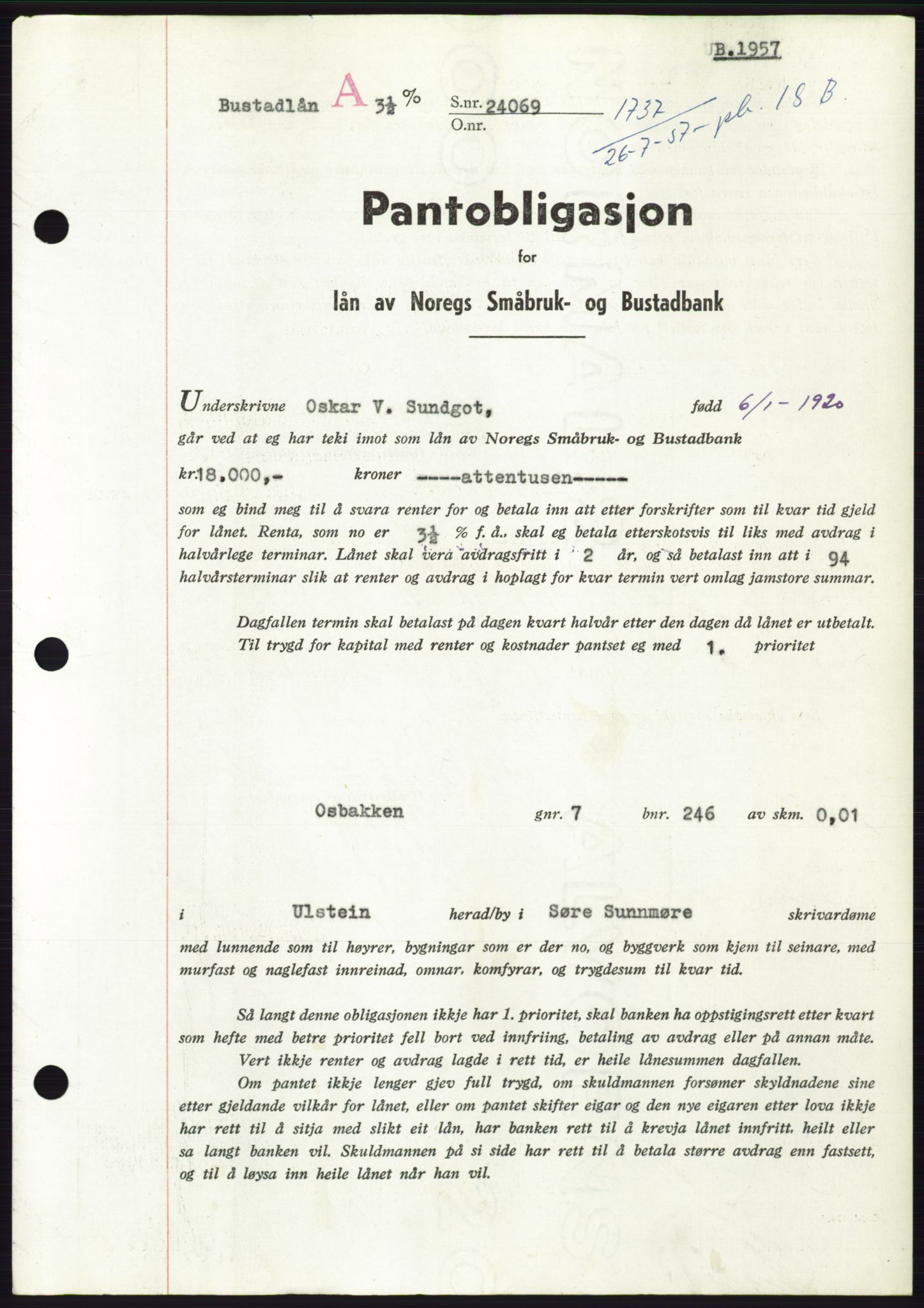 Søre Sunnmøre sorenskriveri, AV/SAT-A-4122/1/2/2C/L0130: Mortgage book no. 18B, 1957-1958, Diary no: : 1737/1957