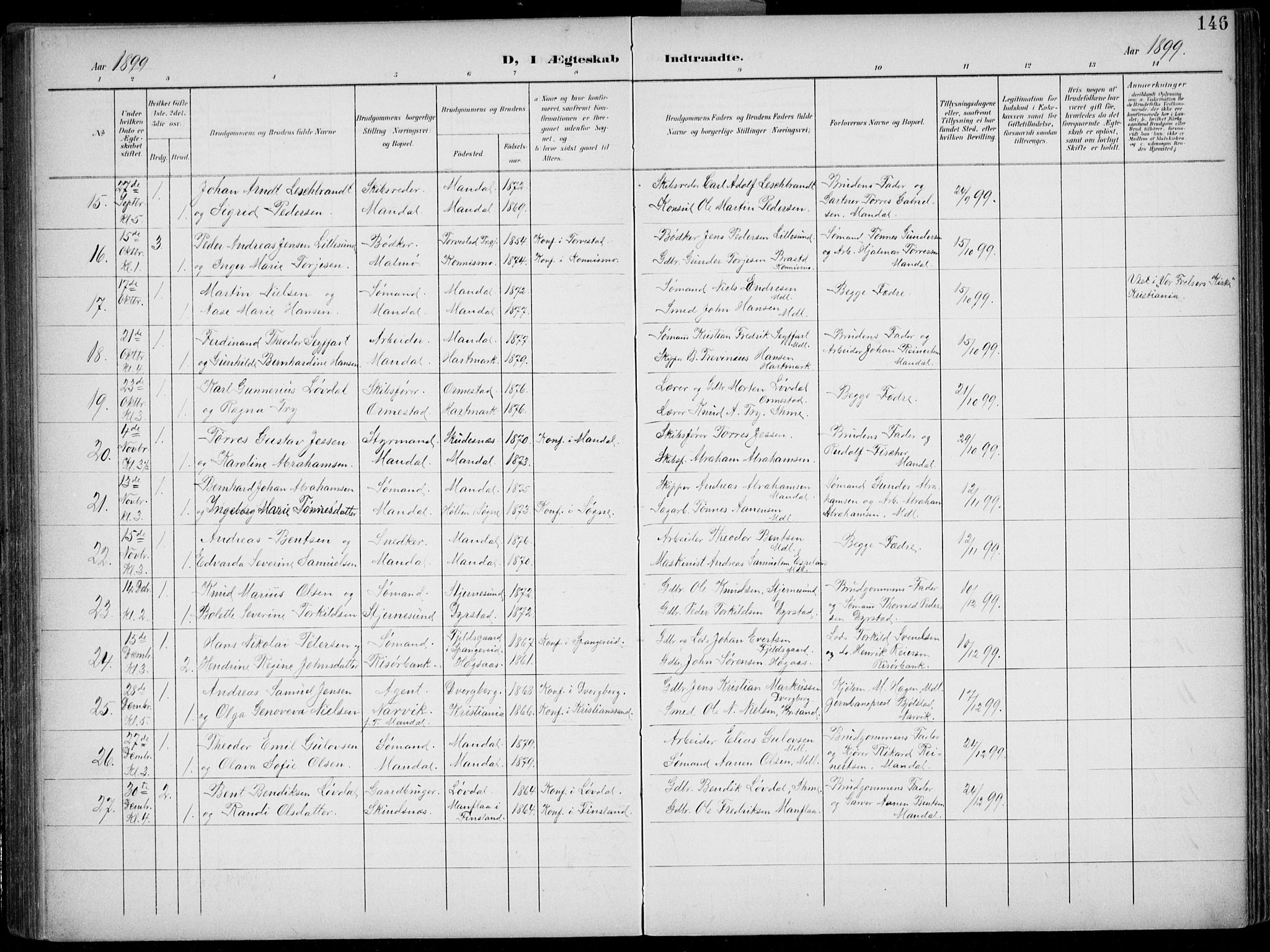 Mandal sokneprestkontor, AV/SAK-1111-0030/F/Fb/Fba/L0012: Parish register (copy) no. B 6, 1899-1918, p. 146