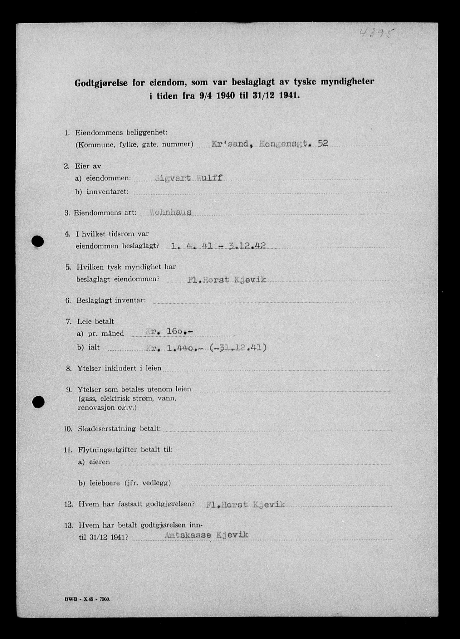 Justisdepartementet, Tilbakeføringskontoret for inndratte formuer, AV/RA-S-1564/I/L1013: Godtgjørelse for beslaglagt eiendom, 1940-1941, p. 24