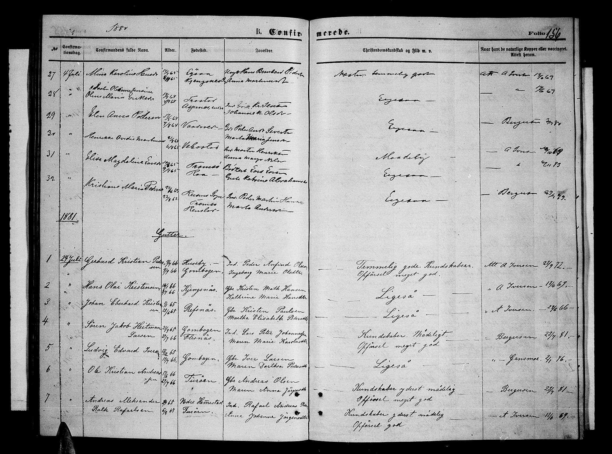 Kvæfjord sokneprestkontor, SATØ/S-1323/G/Ga/Gab/L0004klokker: Parish register (copy) no. 4, 1870-1886, p. 156