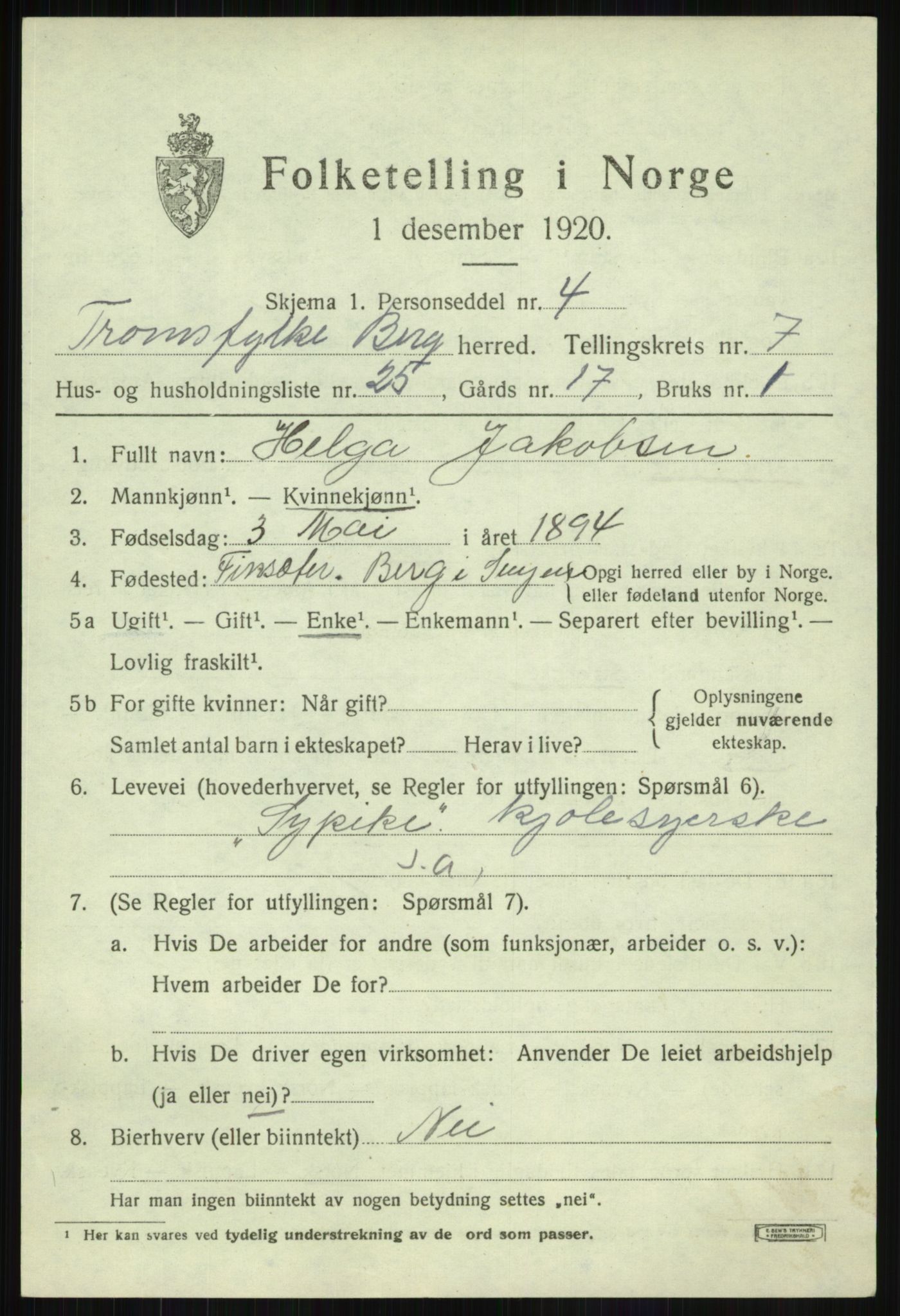 SATØ, 1920 census for Berg, 1920, p. 2736