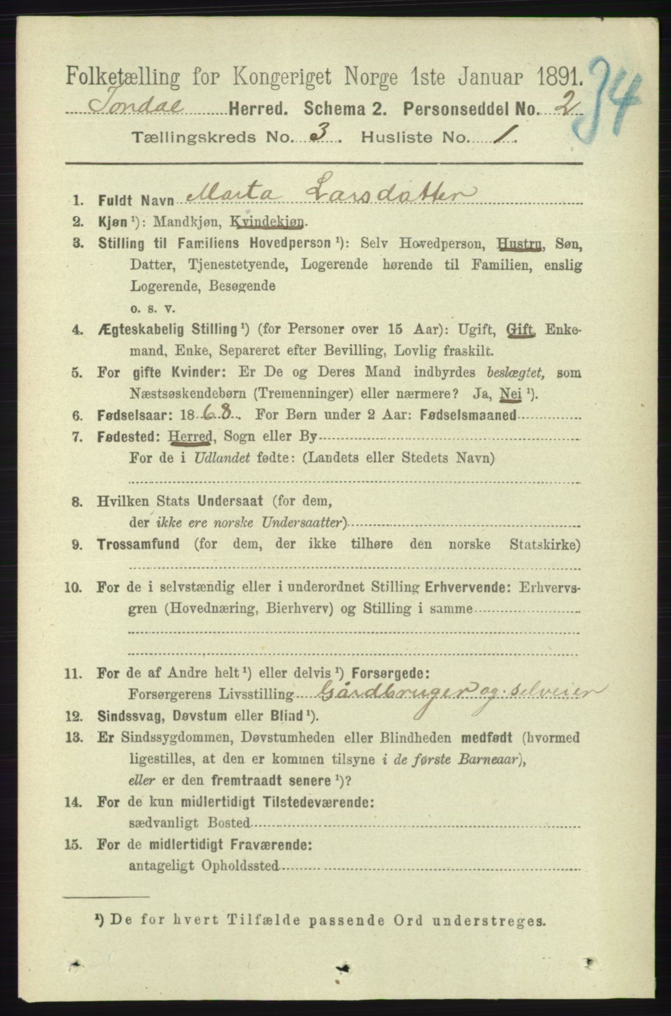 RA, 1891 census for 1227 Jondal, 1891, p. 1301