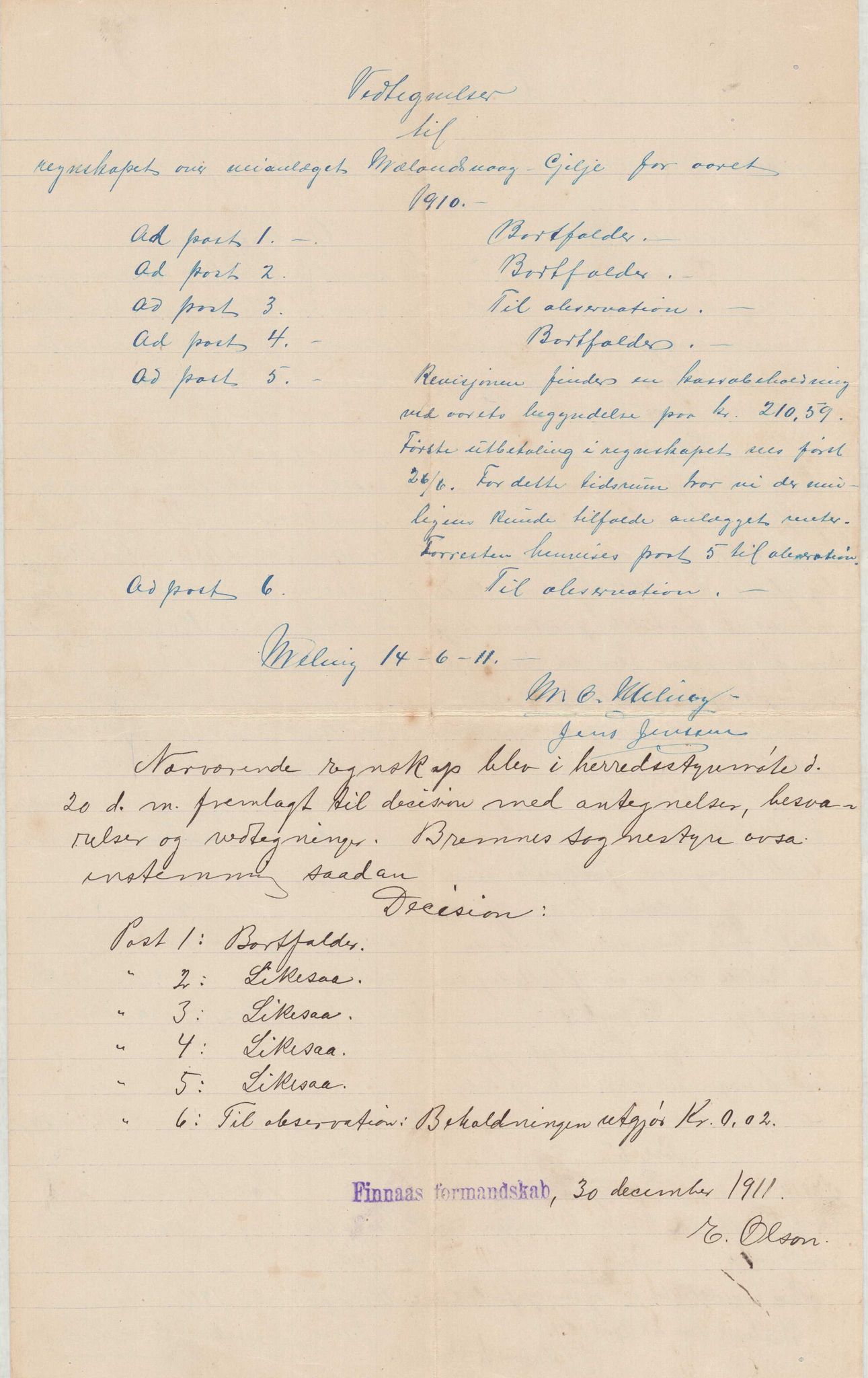 Finnaas kommune. Formannskapet, IKAH/1218a-021/E/Ea/L0001/0005: Rekneskap for veganlegg / Rekneskap for veganlegget Mælandsvåg - Gilje, 1907-1910, p. 49