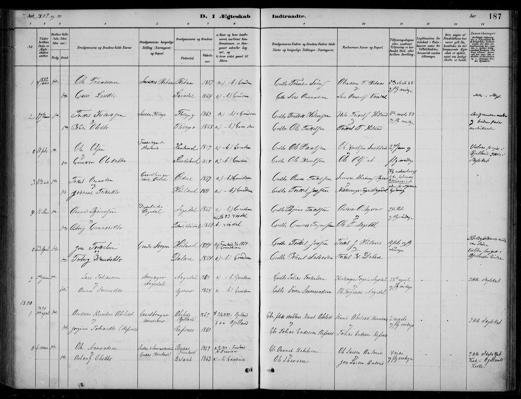 Bjelland sokneprestkontor, SAK/1111-0005/F/Fb/Fbc/L0003: Parish register (copy) no. B 3, 1887-1924, p. 187
