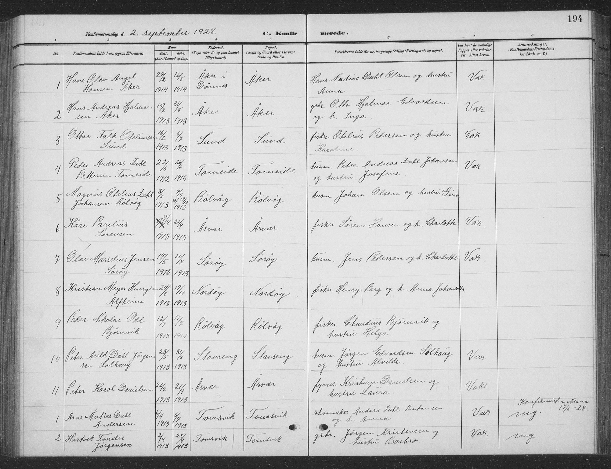 Ministerialprotokoller, klokkerbøker og fødselsregistre - Nordland, AV/SAT-A-1459/835/L0533: Parish register (copy) no. 835C05, 1906-1939, p. 194