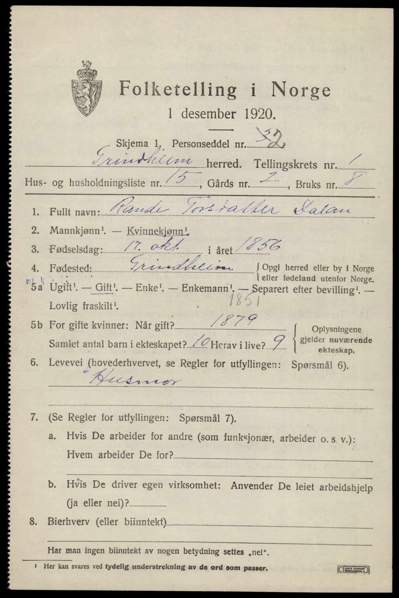 SAK, 1920 census for Grindheim, 1920, p. 551