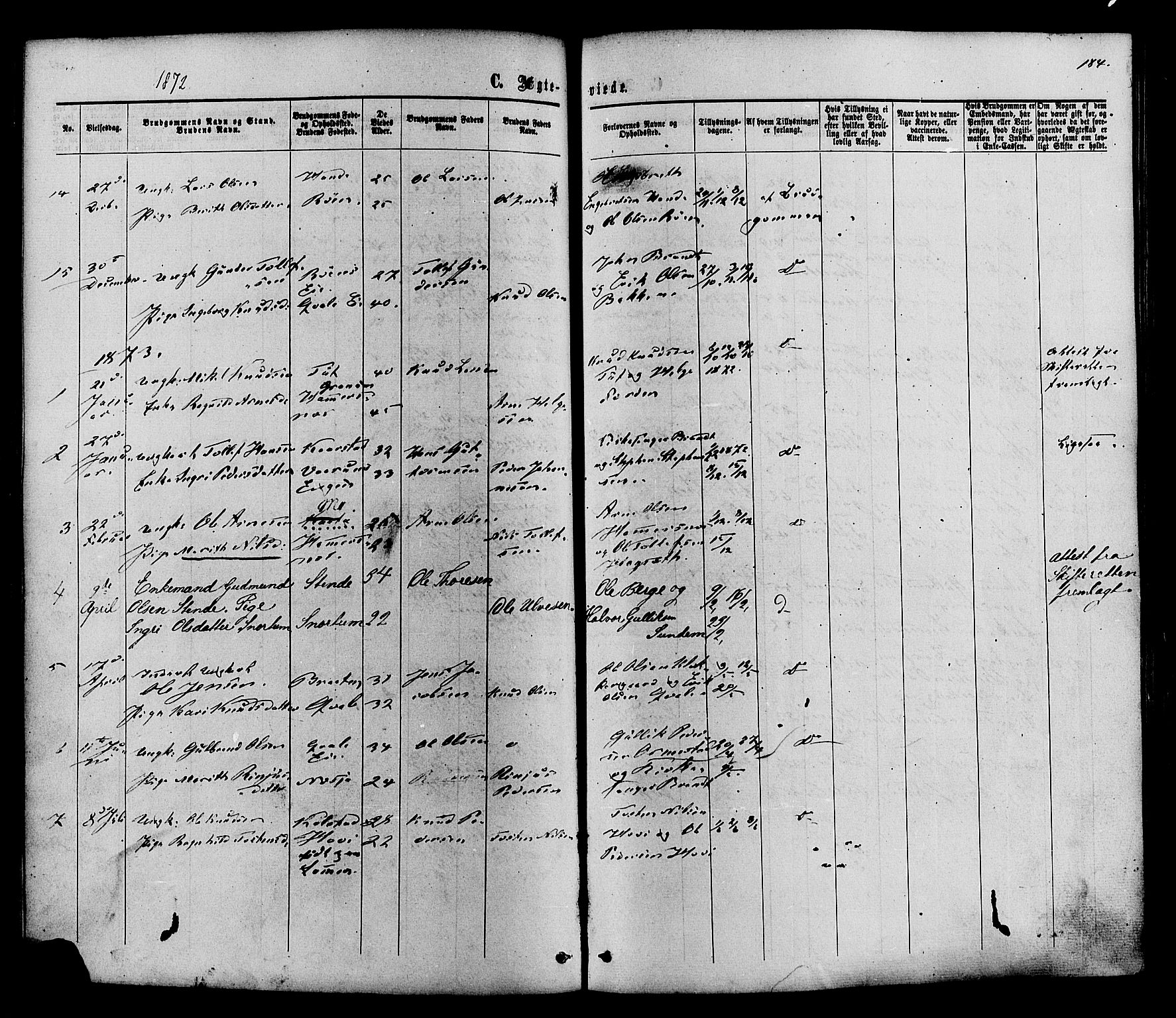 Vestre Slidre prestekontor, SAH/PREST-136/H/Ha/Haa/L0003: Parish register (official) no. 3, 1865-1880, p. 184
