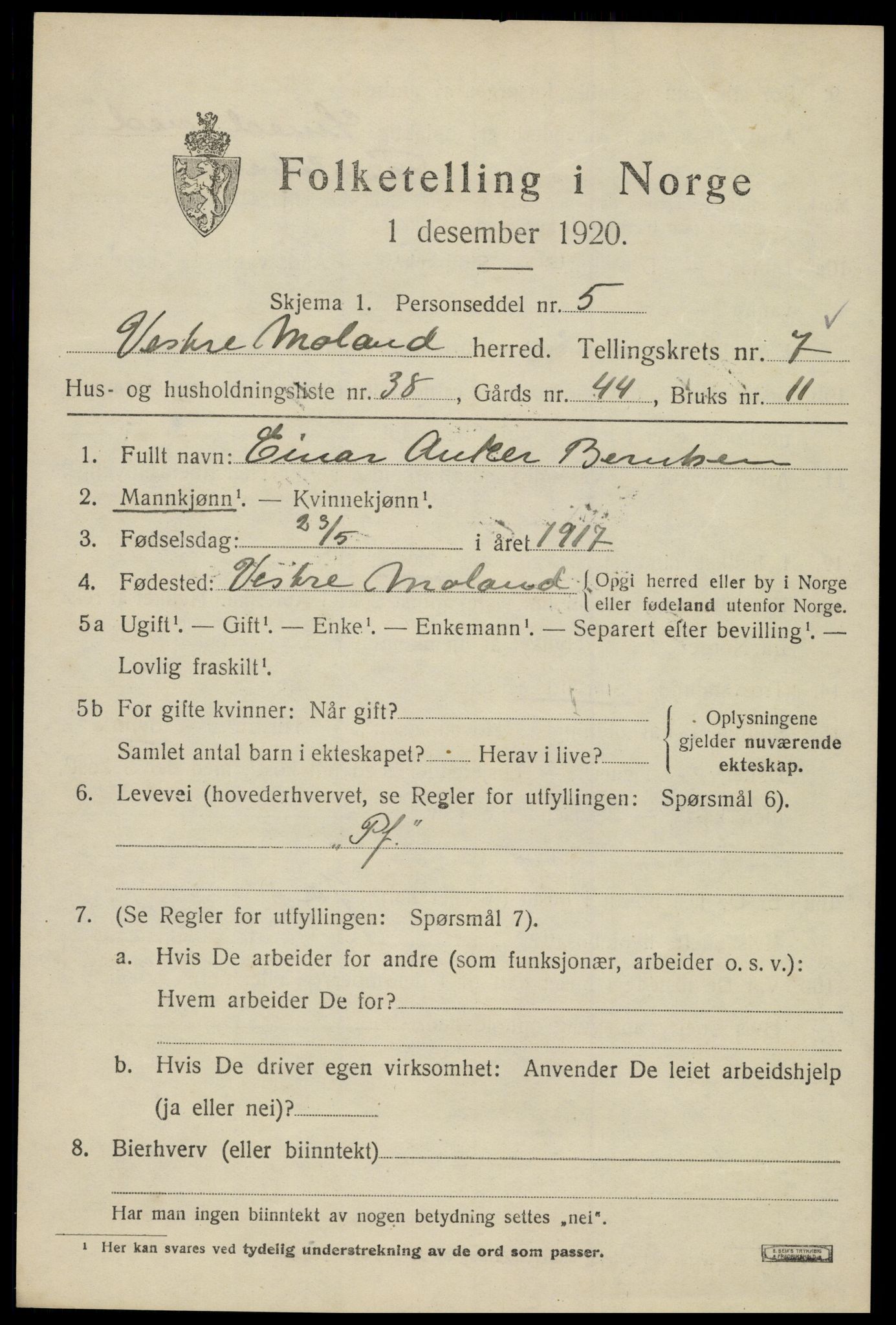 SAK, 1920 census for Vestre Moland, 1920, p. 5191