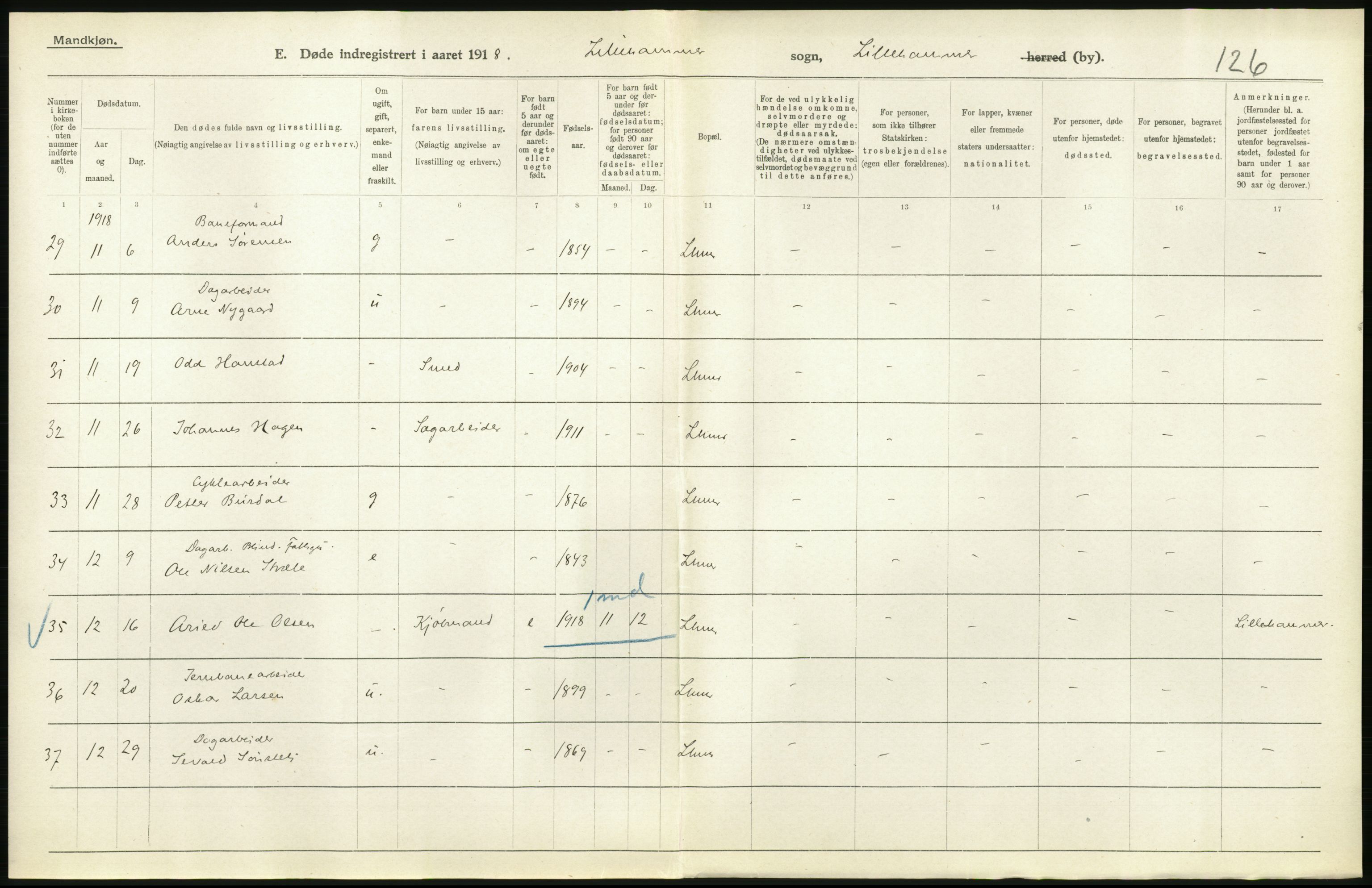 Statistisk sentralbyrå, Sosiodemografiske emner, Befolkning, AV/RA-S-2228/D/Df/Dfb/Dfbh/L0017: Oppland fylke: Døde. Bygder og byer., 1918, p. 510