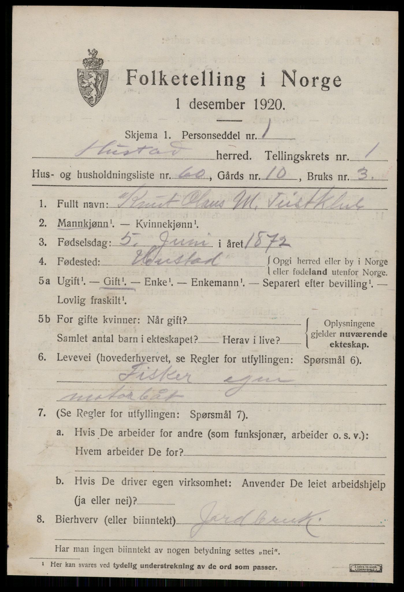 SAT, 1920 census for Hustad, 1920, p. 1477