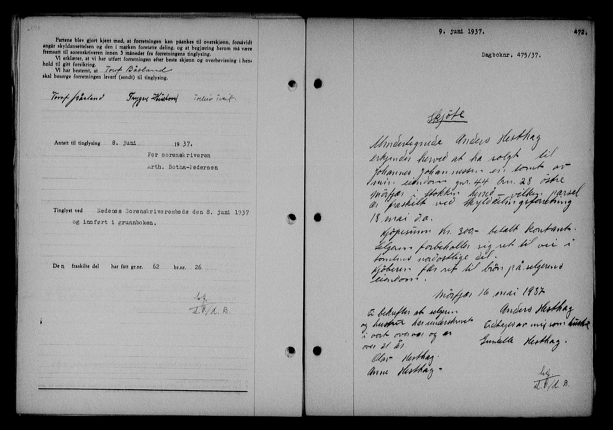 Nedenes sorenskriveri, SAK/1221-0006/G/Gb/Gba/L0043: Mortgage book no. 39, 1936-1937, Diary no: : 475/1937