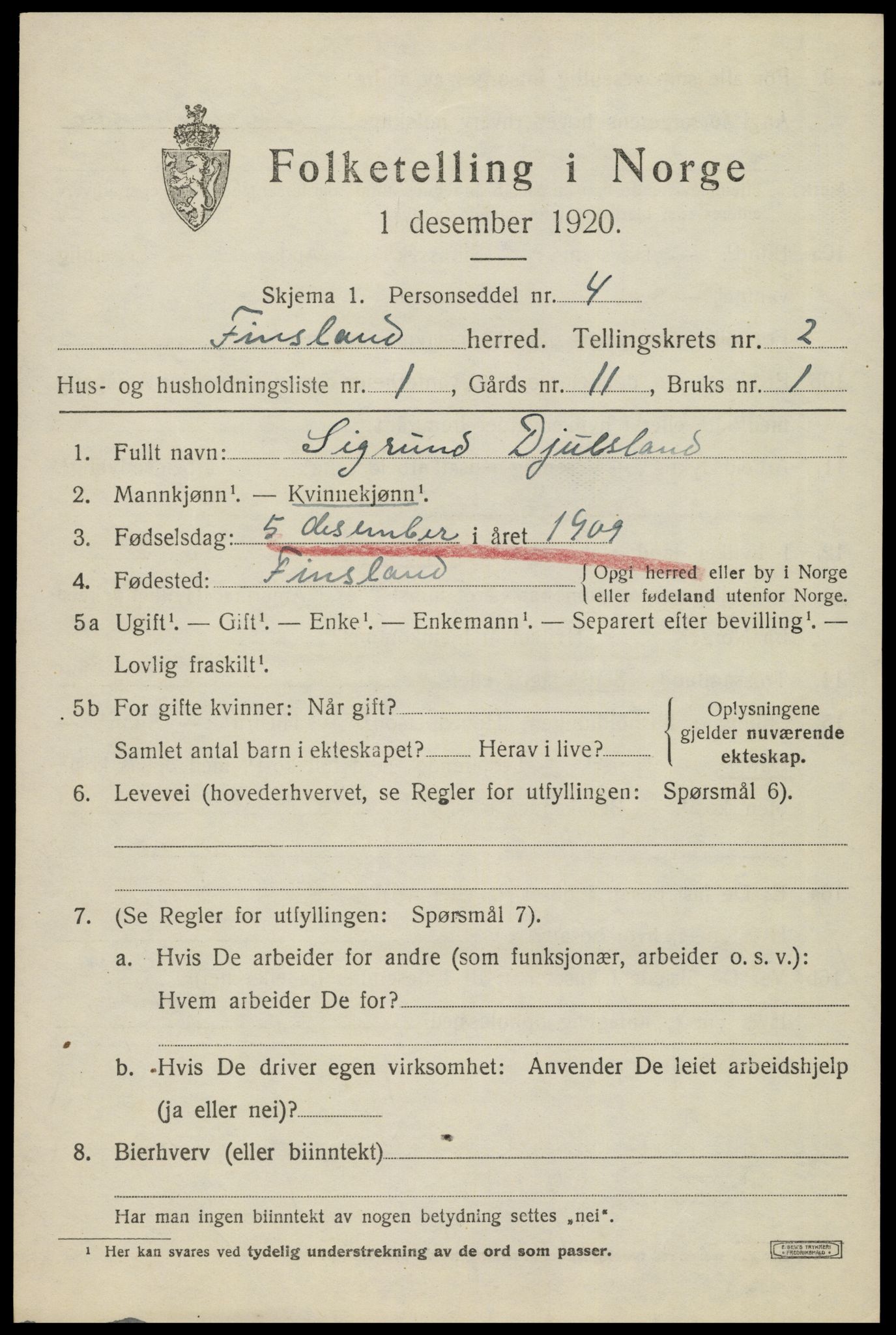 SAK, 1920 census for Finsland, 1920, p. 734