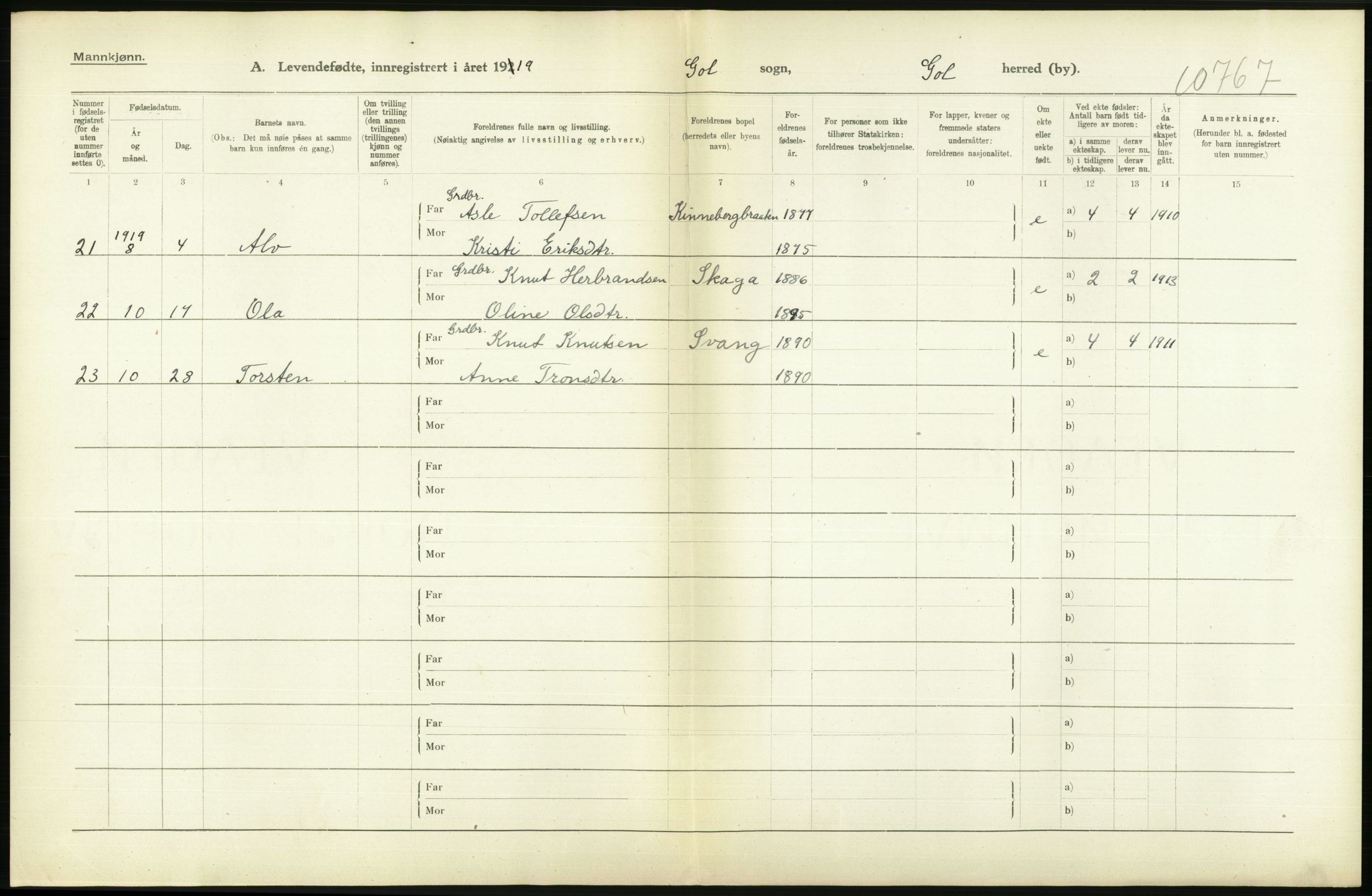 Statistisk sentralbyrå, Sosiodemografiske emner, Befolkning, RA/S-2228/D/Df/Dfb/Dfbi/L0016: Buskerud fylke: Levendefødte menn og kvinner. Bygder., 1919, p. 490